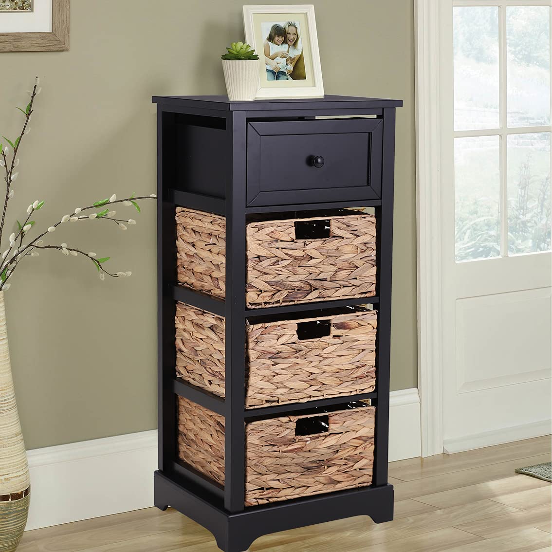 PHI VILLA Farmhouse Style Narrow Storage Cabinet with Rattan Baskets & Drawer - Small Space Organizer for Bathroom, Entryway, Bedroom - Black Accent End Table with Shelves | Perfect for Home Decor, Apartment Living & Dorm Rooms | Organize Towels, Shoes, Books & Essentials | Space-Saving Solution for Compact Areas & Cozy Spaces