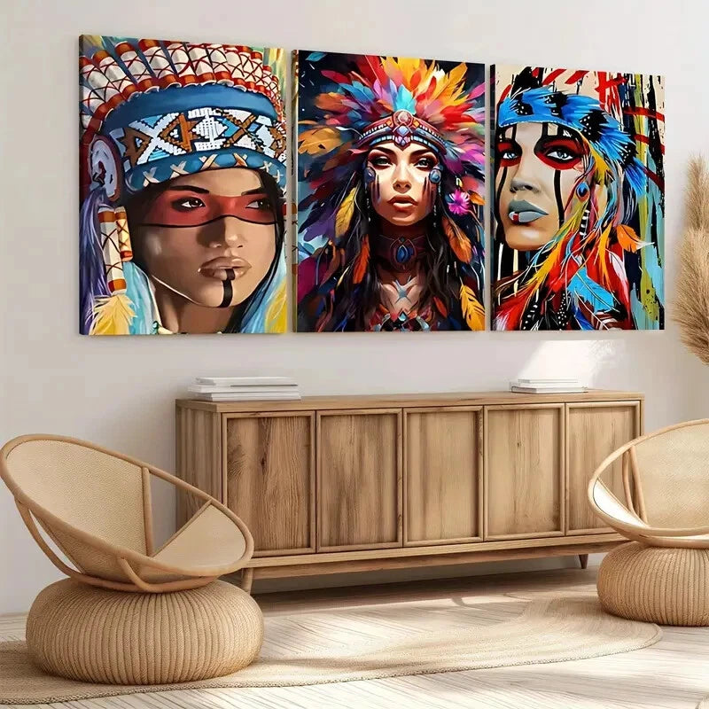 3-Piece Aboriginal Chief Portrait Wall Art Set - Elegant Framed Canvas 40x60cm | High Quality Australian-Made Print | Ready to Hang | Perfect for Living Room, Bedroom & Office Decor