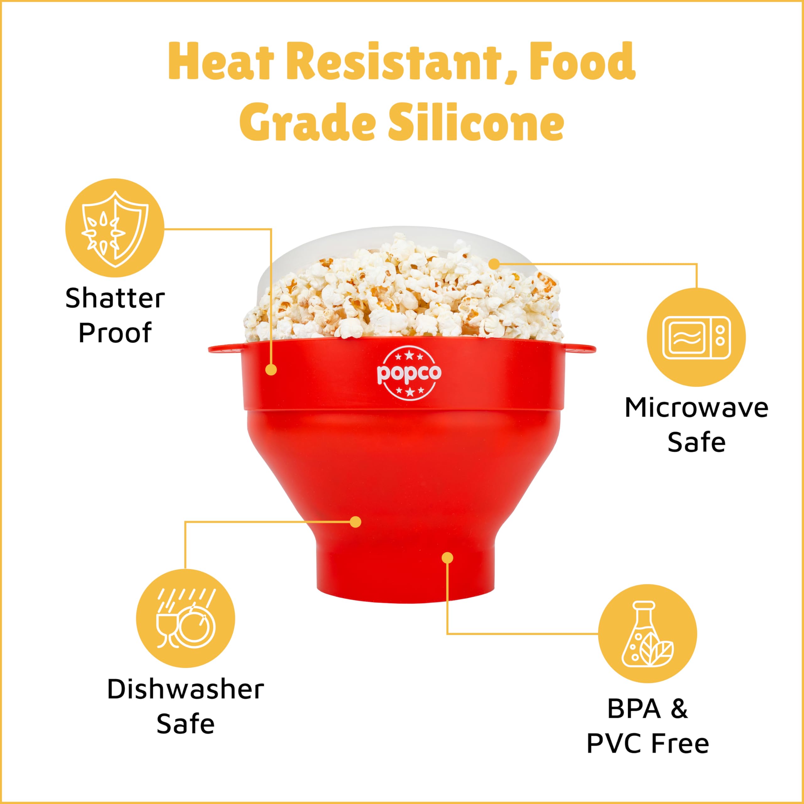 POPCO Microwave Popcorn Bowl - BPA-Free Silicone Popcorn Popper with Heat-Resistant Handles | Collapsible Design (2.3-Inch Folded) | Dishwasher Safe | Perfect for Movie Nights, Parties & Healthy Snacks | Family Size Popcorn Maker in Red