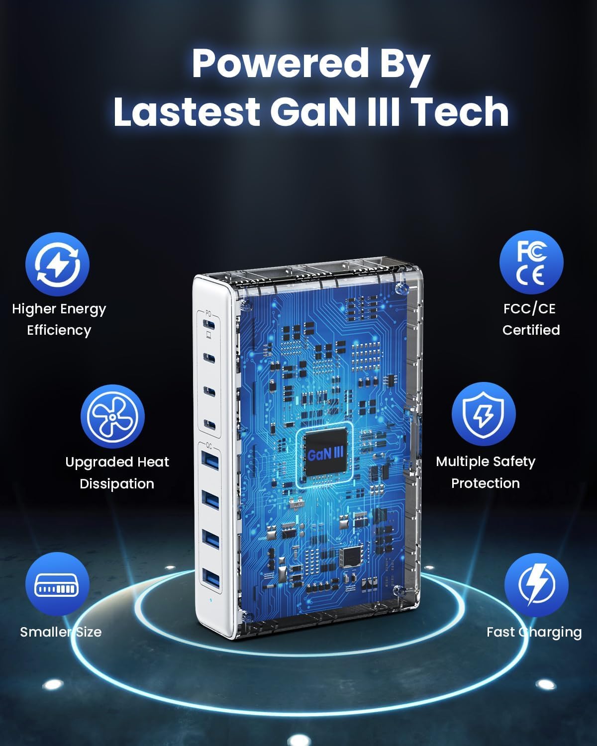 200W GaN III 8-Port USB C Fast Charger Station with QC4.0 & PD 65W - Compatible with MacBook Pro/Air, Dell, iPhone 16 Pro/15, Galaxy S24/S23, iPad - White | Perfect for Home, Office & Travel Charging Multiple Devices Simultaneously