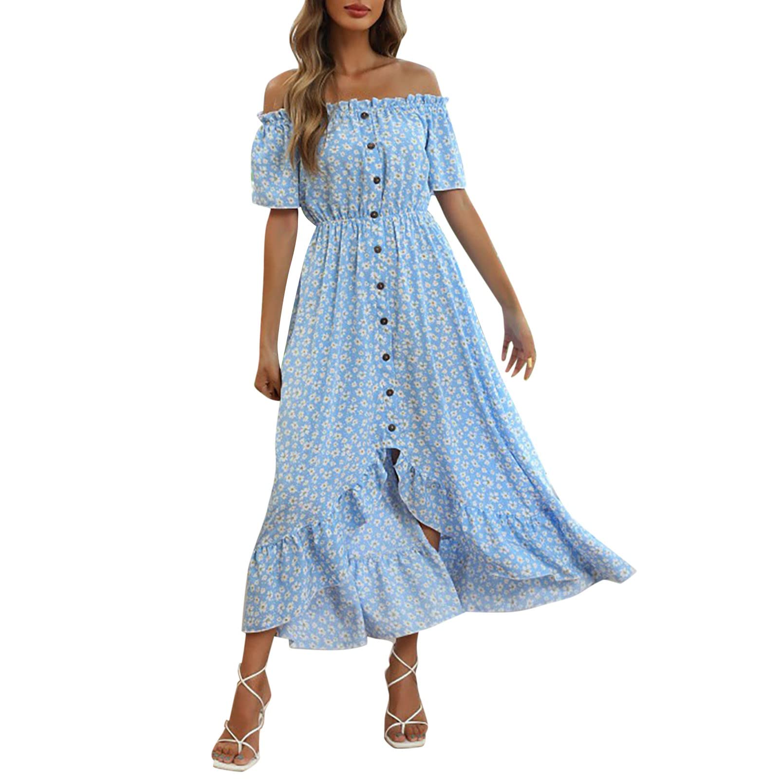 Women's Off Shoulder Floral Maxi Dress - Short Sleeve A-Line Summer Dress with Frill Details | Perfect for Beach Vacations, Date Nights & Casual Outings