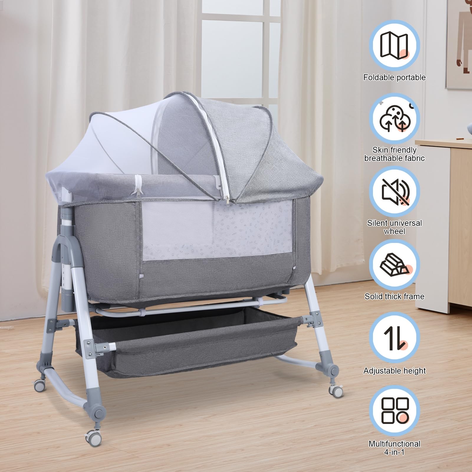3-in-1 Adjustable Baby Bedside Crib with Mosquito Net - Convertible Bassinet, Large Curvature Cradle & Height-Adjustable Design for Newborns - Perfect for Co-Sleeping, Nursery & Bedroom Safety (Grey)