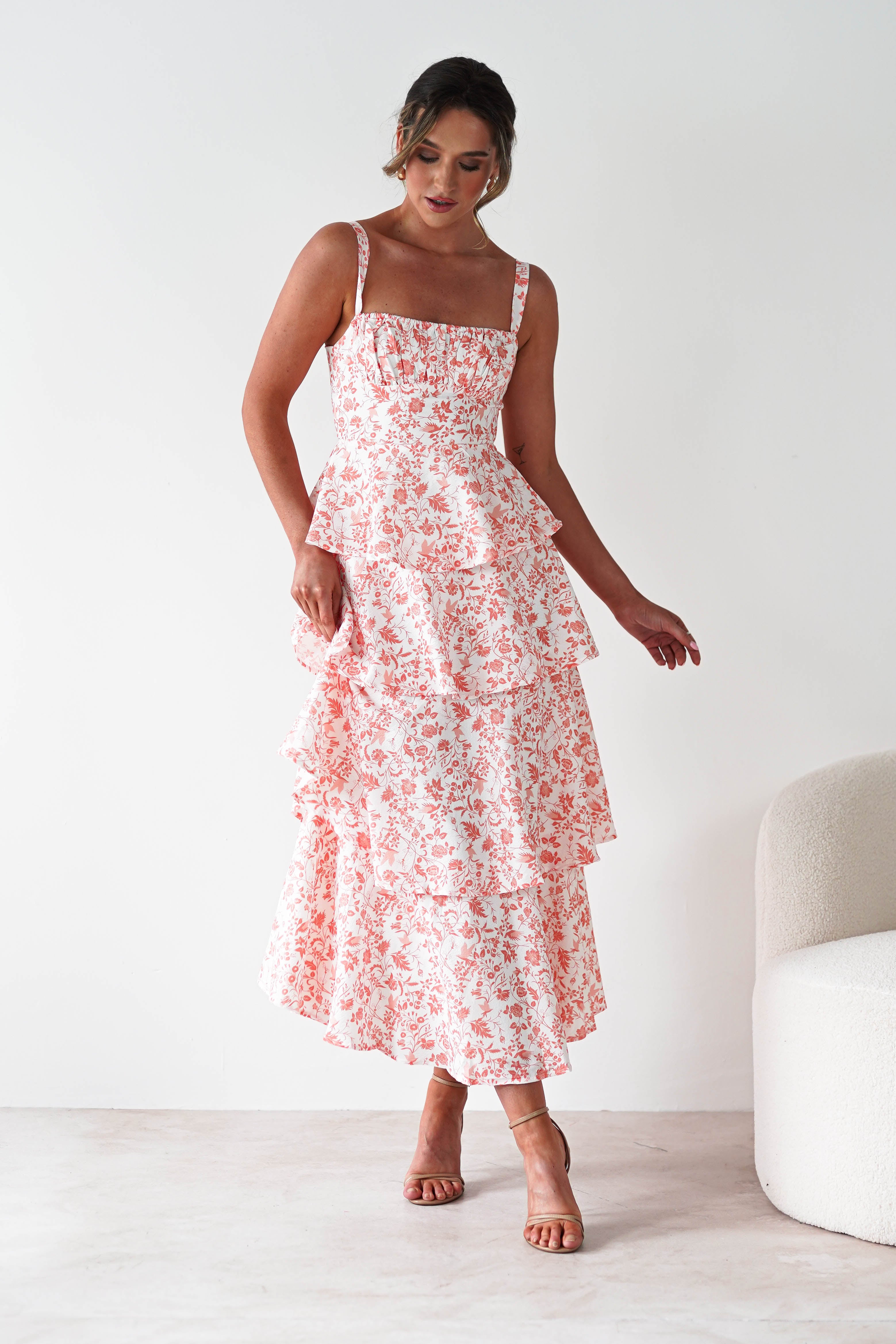 Emily Floral Ruffle Maxi Dress - Orange Print Summer Dress for Women | Beach Wedding, Vacation, Party Wear