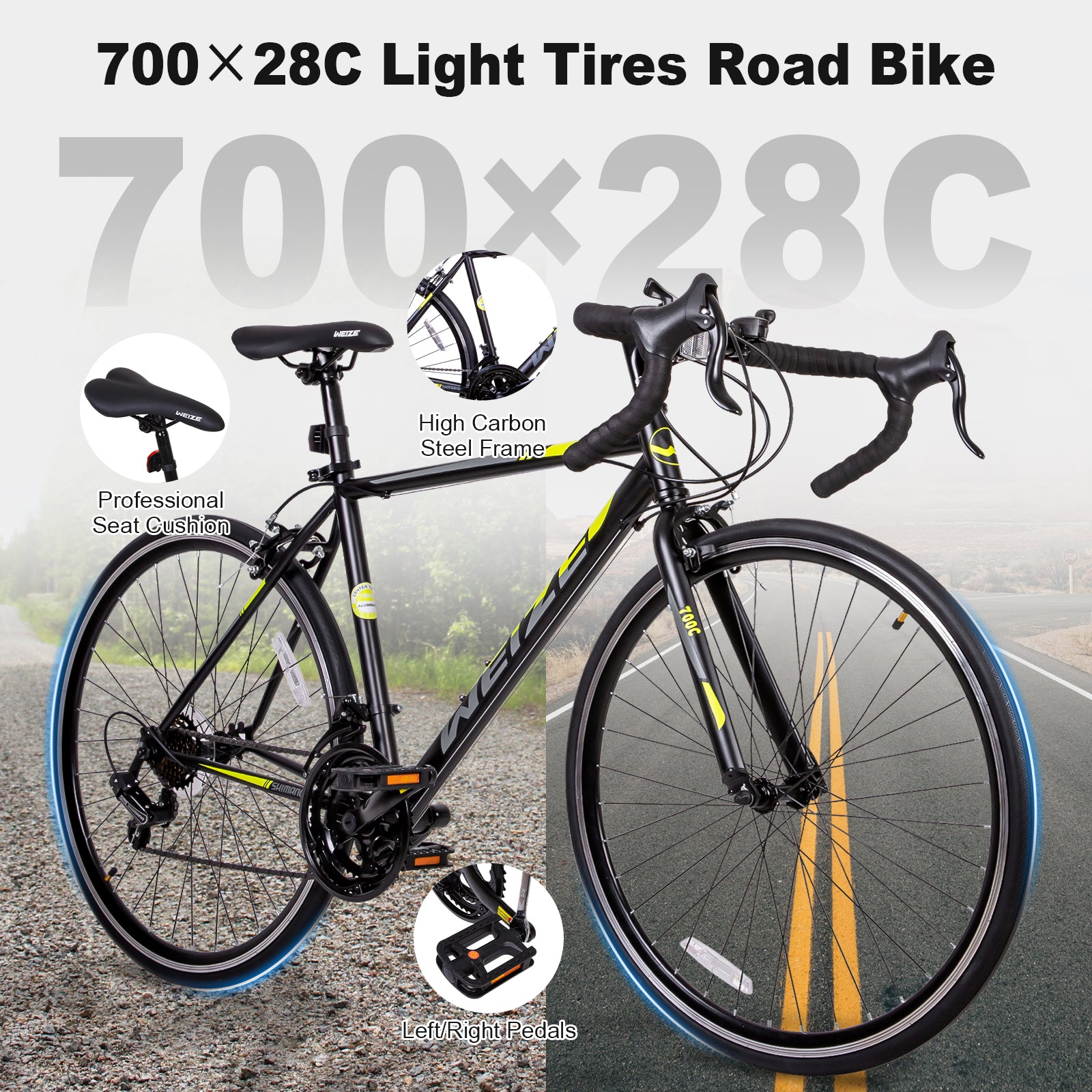 WEIZE 700C Road Bike - Shimano 14 Speed Commuter Bicycle with Drop Bar & Caliper Brakes - High Carbon Steel Hybrid Bike for Men & Women - Perfect for Urban Commuting, Fitness Riding & Weekend Adventures (Black)