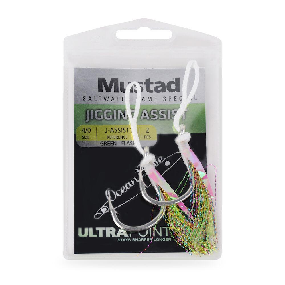 Mustad J Assist1 Heavy Duty Jigging Assist Rig with Green Flash - Premium Saltwater Fishing Lure for Deep Sea, Offshore & Freshwater Angling - Perfect for Tuna, Grouper & Snapper Fishing Trips