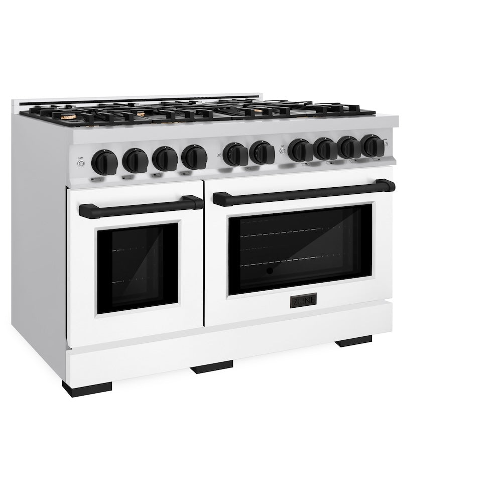 ZLINE Autograph Edition 48 Inch 6.7 Cu Ft Double Oven Gas Range with 8 Burner Cooktop - Stainless Steel with White Matte Doors & Black Accents (HGRZ WM 48 MB) - Perfect for Large Kitchens & Professional Cooking
