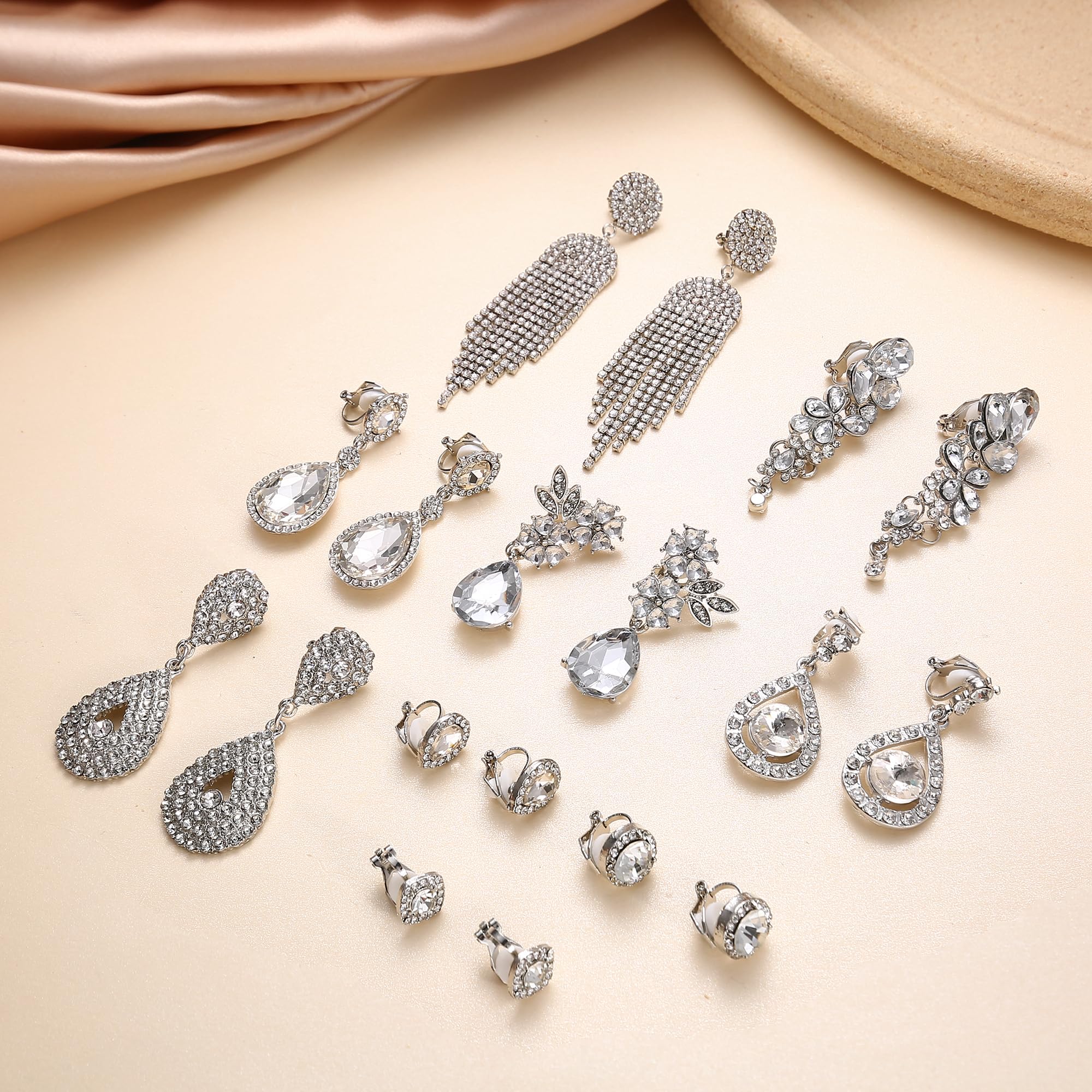 9 Pairs Clip On Earrings for Women - Wedding Bridal Chandelier Teardrop Dangle Earrings Set with Rhinestones - Non-Pierced Jewelry for Brides, Bridesmaids - Perfect for Weddings, Parties, and Special Occasions