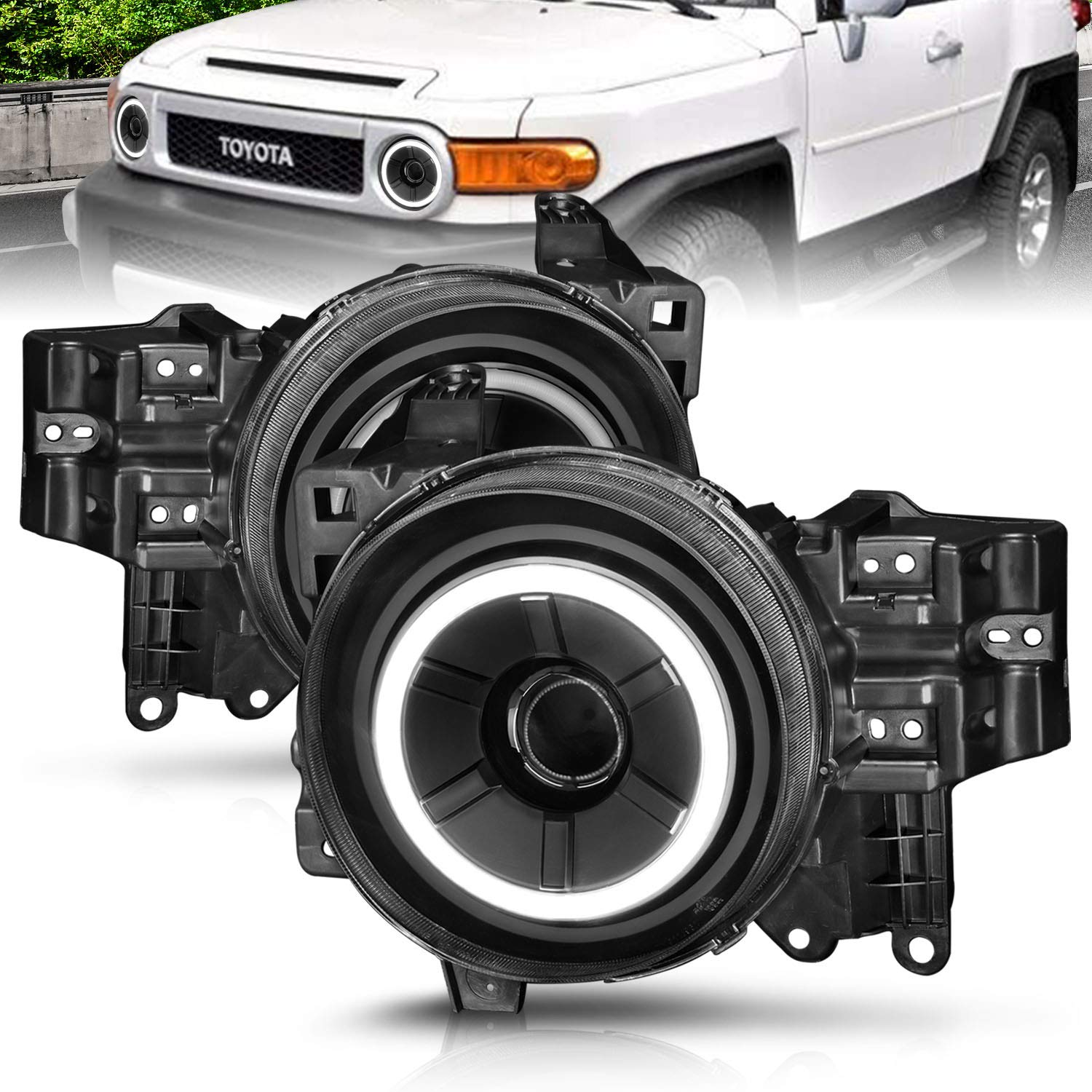 AmeriLite Black LED Projector Headlights with Halo Ring - Replacement for Toyota FJ Cruiser (Both Driver & Passenger Side) | Durable, Bright Lighting for Off-Road Adventures & Night Driving