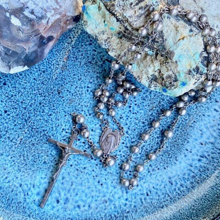 Vintage Solid Sterling Silver Rosary - Handcrafted Catholic Prayer Beads for Religious Devotion, Meditation & Gifts