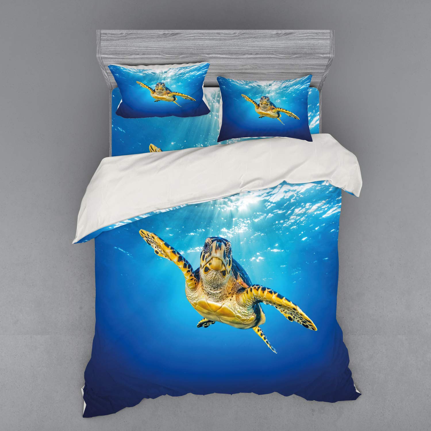 Ambesonne Turtle Duvet Cover Set - Hawksbill Sea Turtle Swimming in Blue Ocean with Sun Rays, 4-Piece Queen Size Bedding Set with Pillow Shams & Fitted Sheet, Blue Yellow Dark Brown - Perfect for Beach Themed Bedrooms & Coastal Home Decor