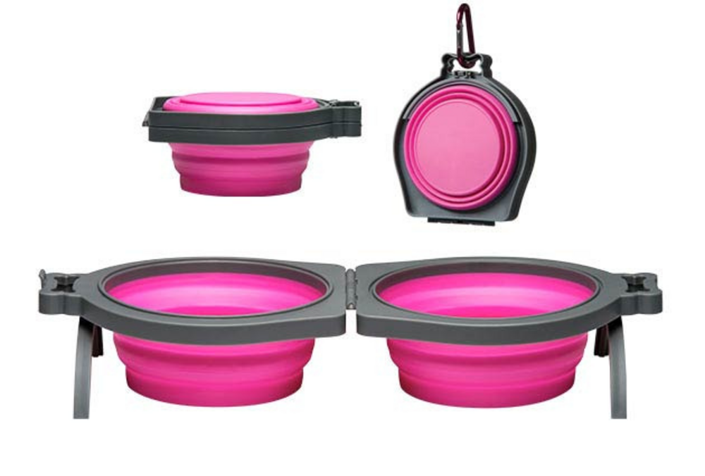 Loving Pets Pink Bella Roma Travel Double Diner Bowl - Portable Pet Food and Water Bowl for Dogs and Cats - Perfect for Travel, Hiking, and Outdoor Adventures