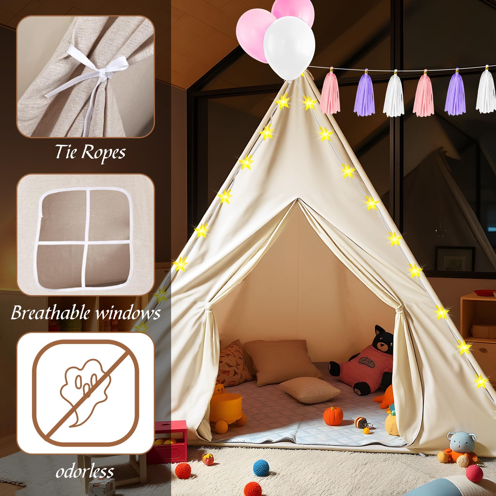 4 Pack Kids Teepee Tent Playhouse for Girls - White Play Tent with Inflatable Airbed & Decorations - Indoor Outdoor Slumber Party, Camping & Sleepover Fun - Perfect for Birthday Parties, Backyard Adventures & Cozy Reading Nook