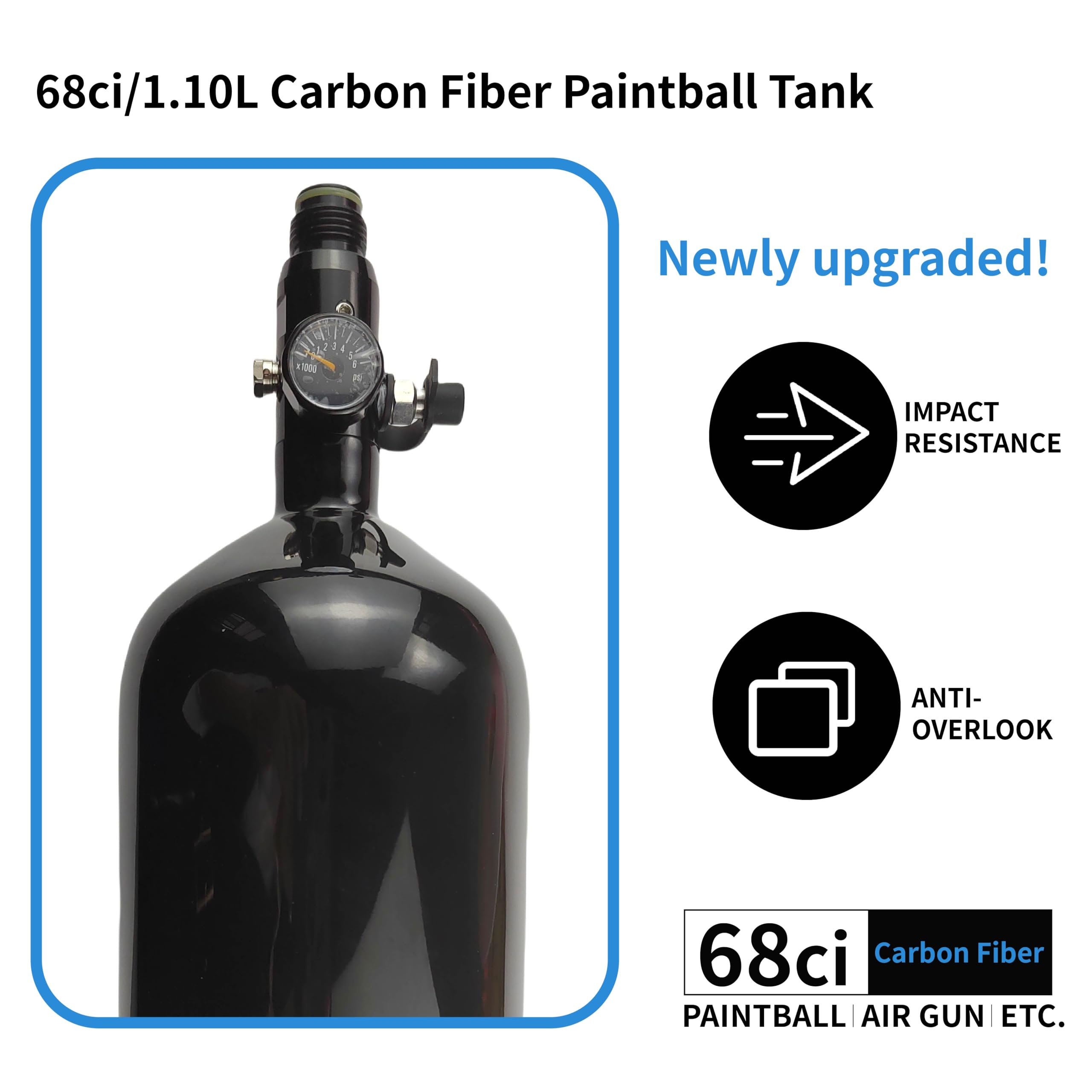 DOT 68ci 4500psi Carbon Fiber Paintball PCP Air Tank with 800Psi Regulator - HPA Tank for Paintball Guns, PCP Air Rifles & Airsoft (2024 Model) | Perfect for Competitive Paintball, Target Shooting & Outdoor Airsoft Battles