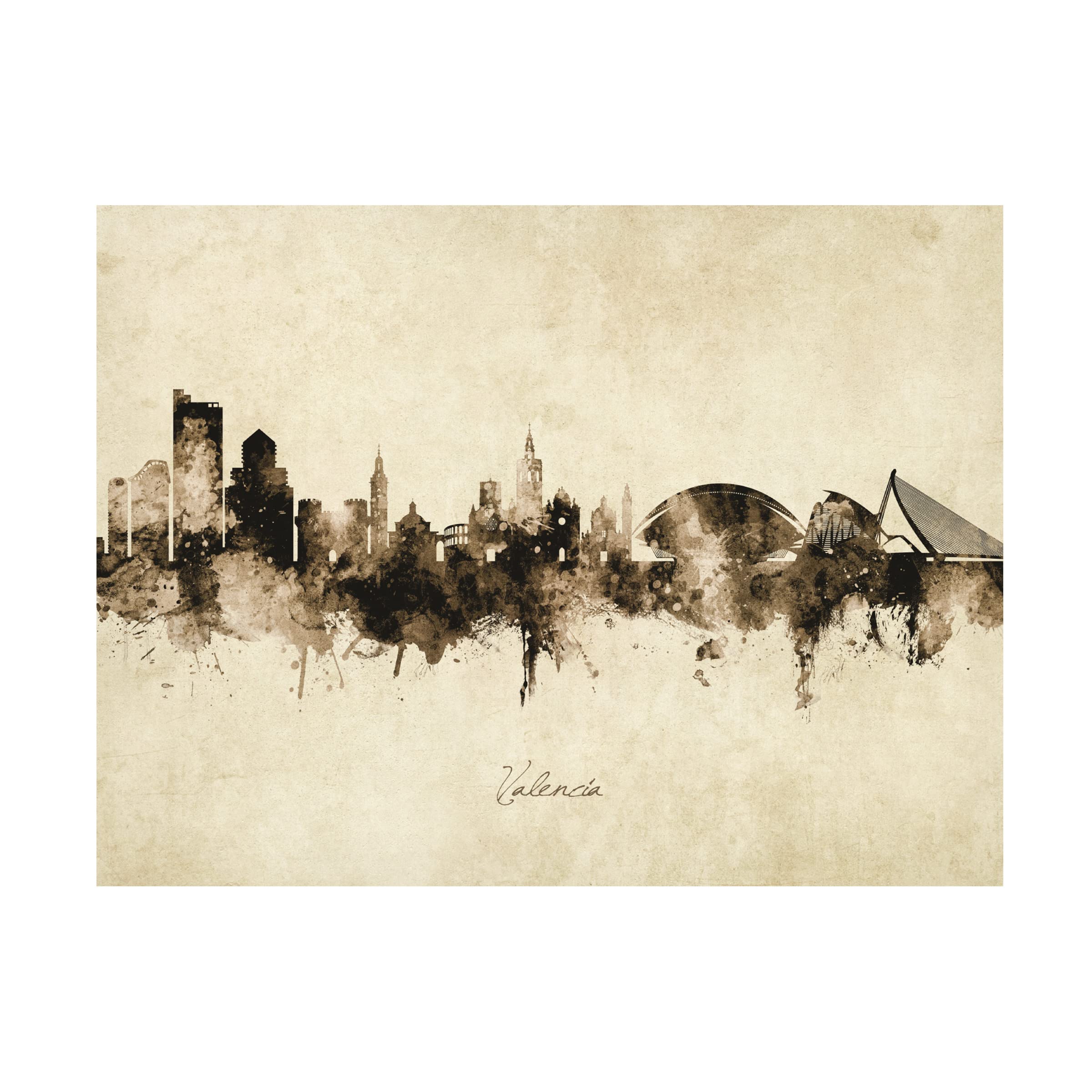 Michael Tompsett Valencia Spain Skyline Vintage Canvas Art Print - Wall Decor for Living Room, Bedroom & Office