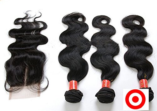 Junhair Virgin Peruvian Remy Human Hair Weaves - 3 Bundles Mixed Length with 4x4 Closure (Body Wave, Natural Color) | 4Pcs/Lot for Stunning Mid-Part Hairstyles | Perfect for Daily Wear, Parties & Special Occasions