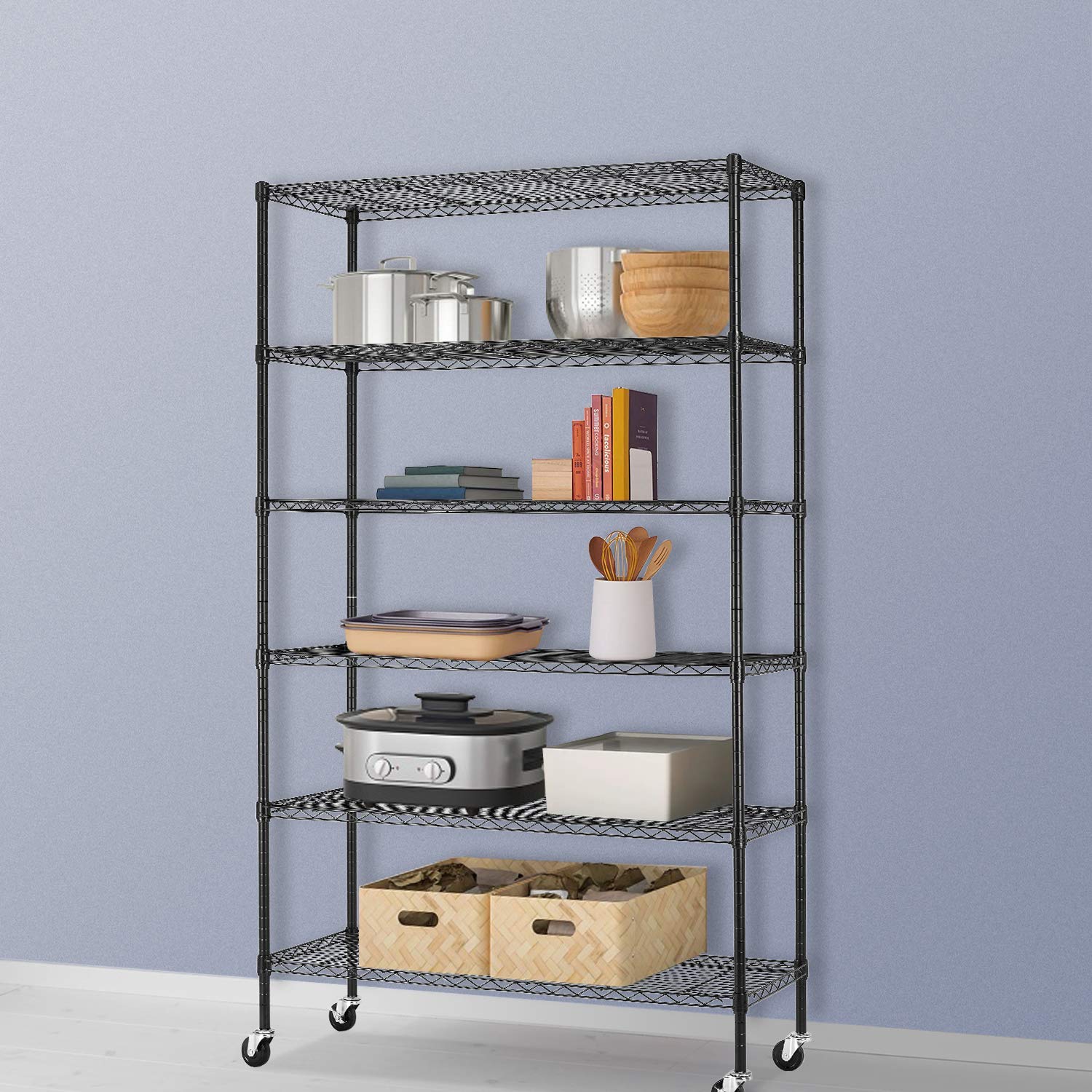 Commercial Wire Shelving Unit - Heavy Duty Adjustable Metal Shelves with Casters, 48x18x72 Black Steel Rack for Restaurant, Kitchen, Pantry & Garage Storage Organization
