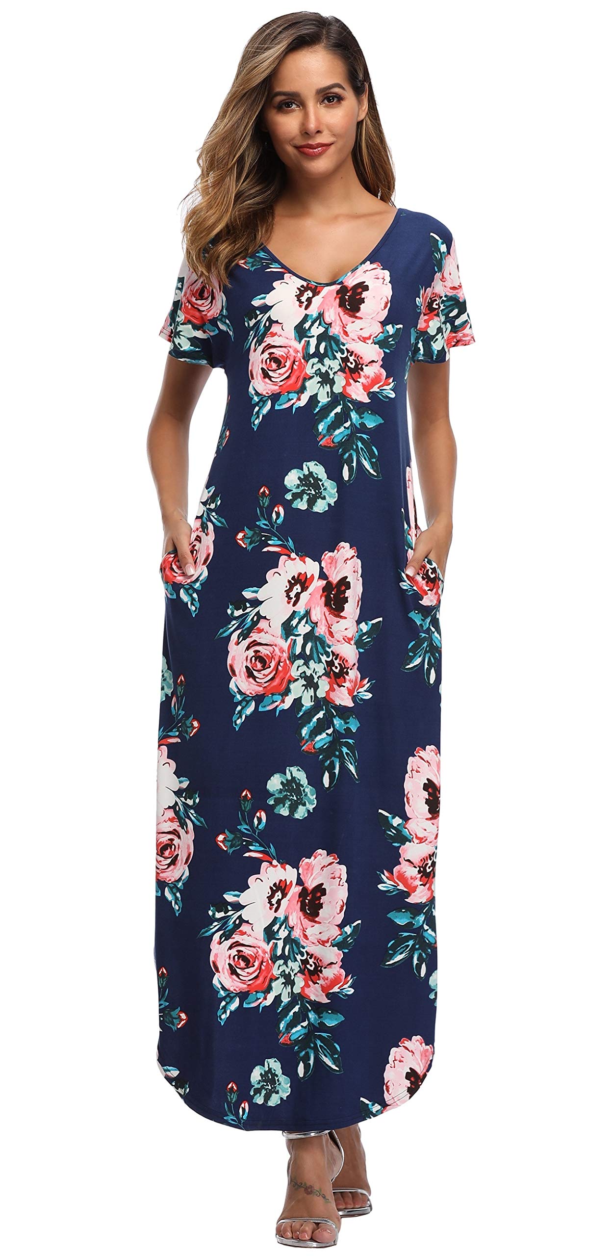 Floral Print Women's Maxi Dress - Long Casual Summer Dress with Pockets for Beach, Party & Vacation | Lightweight Flowy Boho Dress for Outdoor Events & Travel