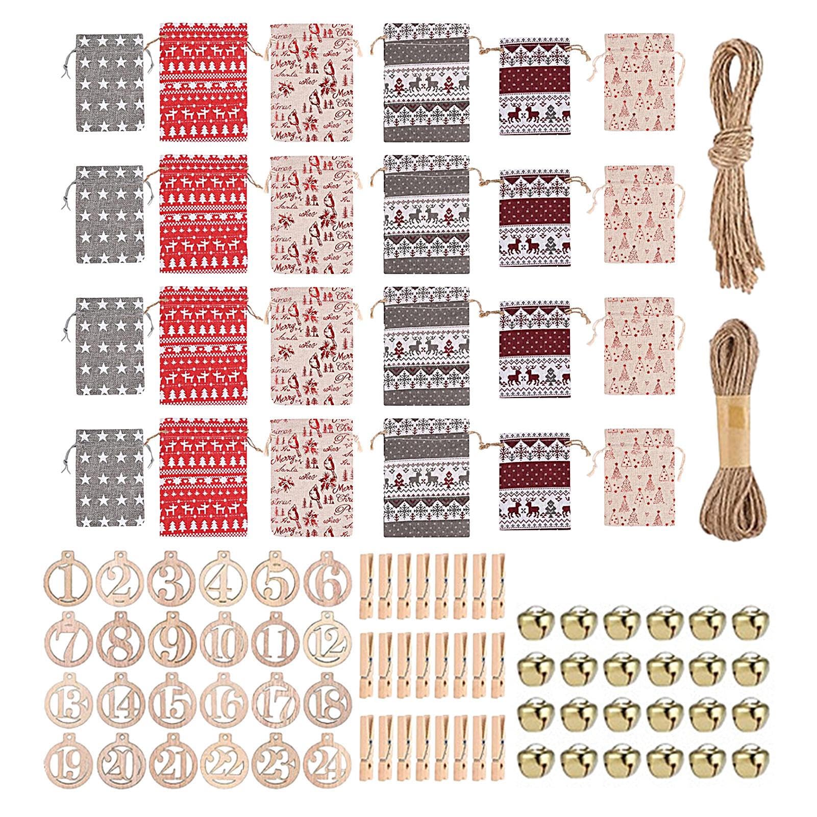 24-Piece DIY Jute Fabric Advent Calendar Bags Set with Clip & Rope - Fillable Christmas Countdown Bags for Holiday Decorations, Gift Wrapping, and Festive Party Favors