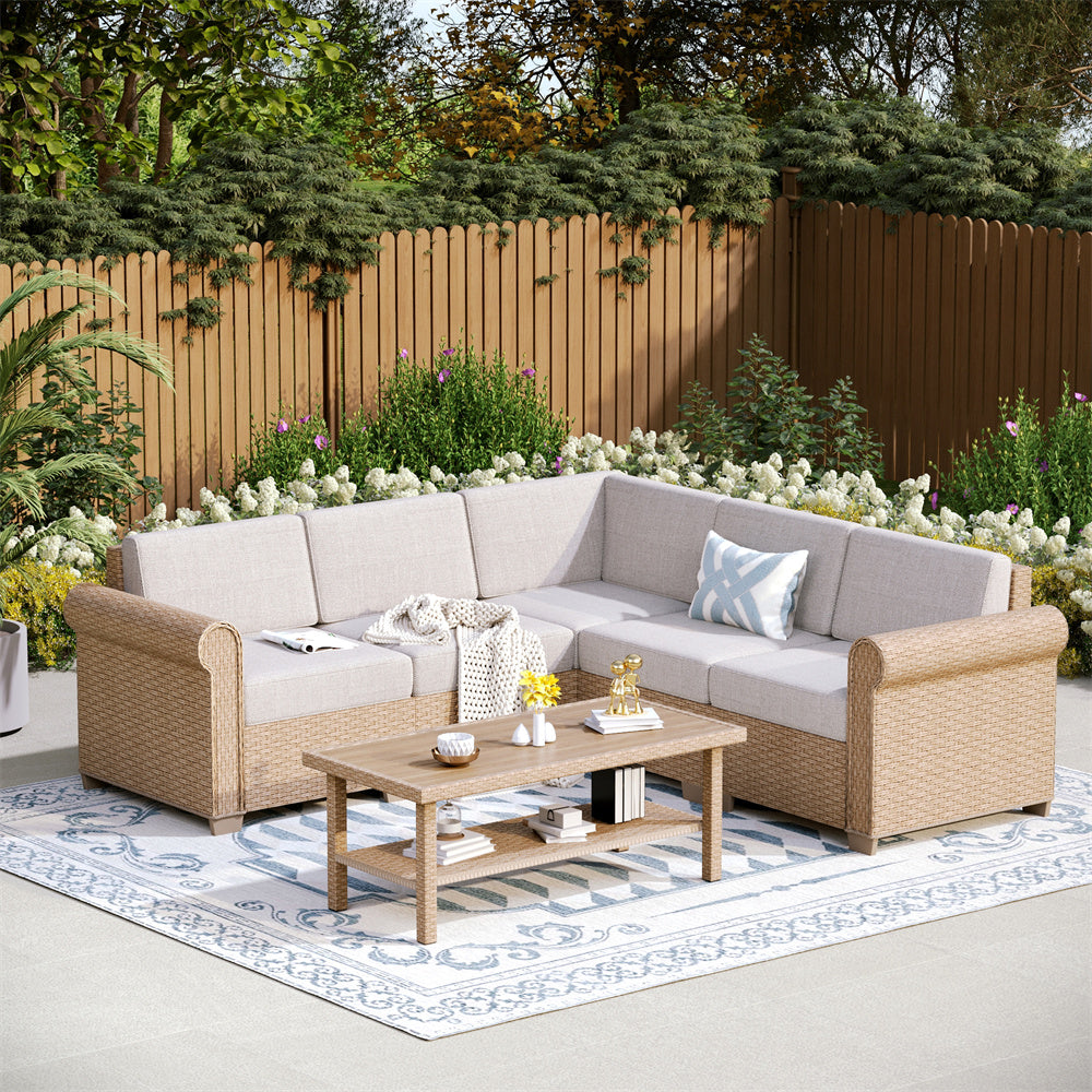 Phi Villa Outdoor Rattan Sofa Set with T-Shaped Cushion & Coffee Table - Patio Furniture for Garden, Poolside, and Backyard Relaxation