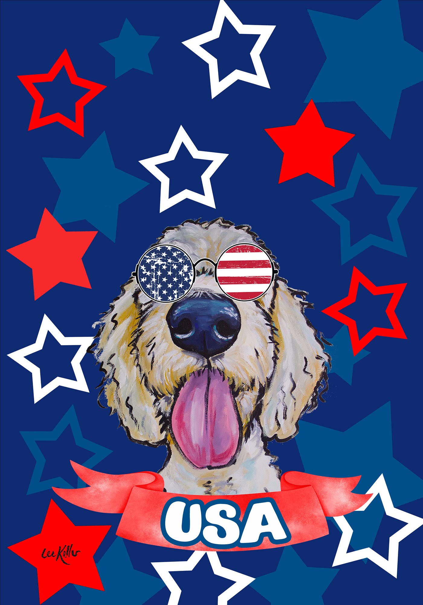 Goldendoodle Dog Patriotic House Flag - American Themed Outdoor Decoration for Yard, Garden, and Porch | Perfect for 4th of July, Memorial Day, and Veterans Day Celebrations