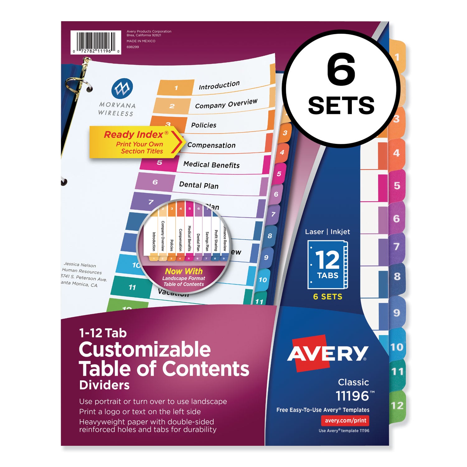Avery Customizable TOC Ready Index Multicolor Tab Dividers - 12 Tabs (1-12), 11
