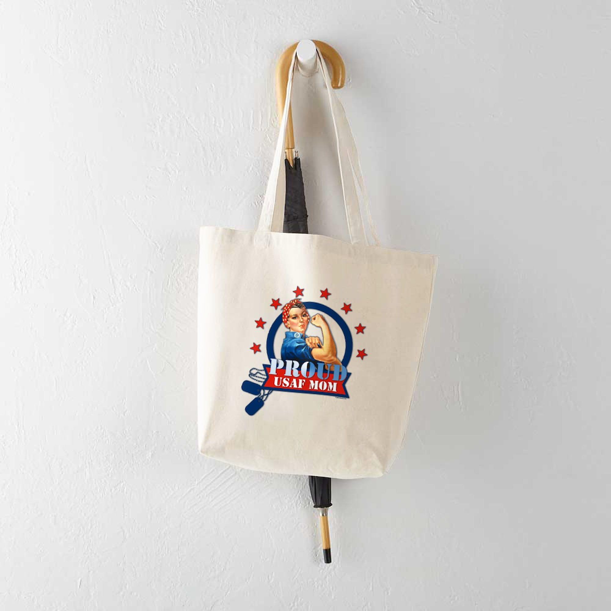 Rosie Proud USAF Mom Tote Bag - Natural Canvas Reusable Shopping Bag for Military Moms | Grocery, Beach, Work & Everyday Use