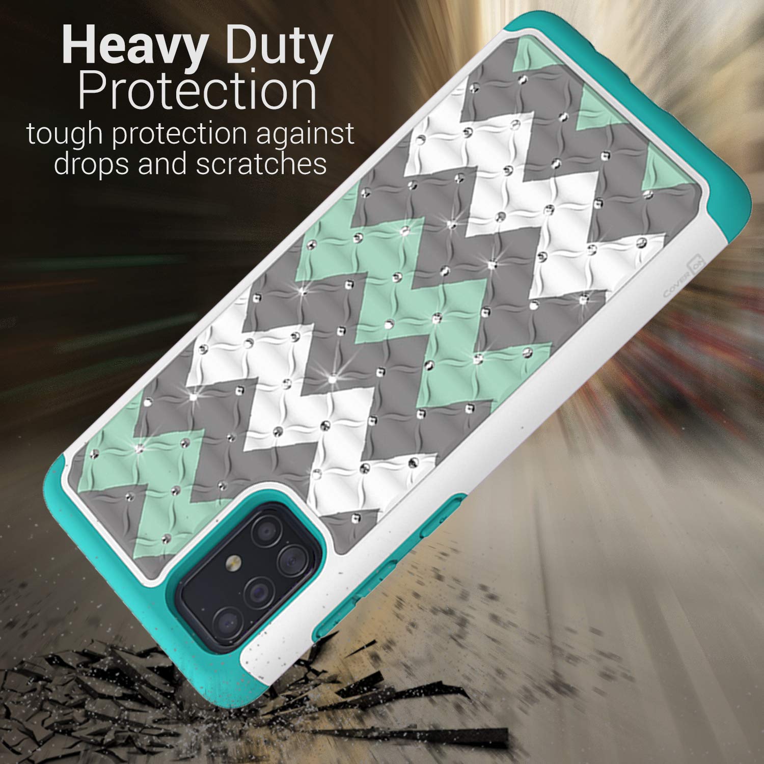 Sparkle Rhinestone Dual Layer Shockproof Case for Samsung Galaxy A71 - Bling Hybrid Protective Cover with Teal Chevron Design | Perfect for Parties, Night Out & Fashion Accessories