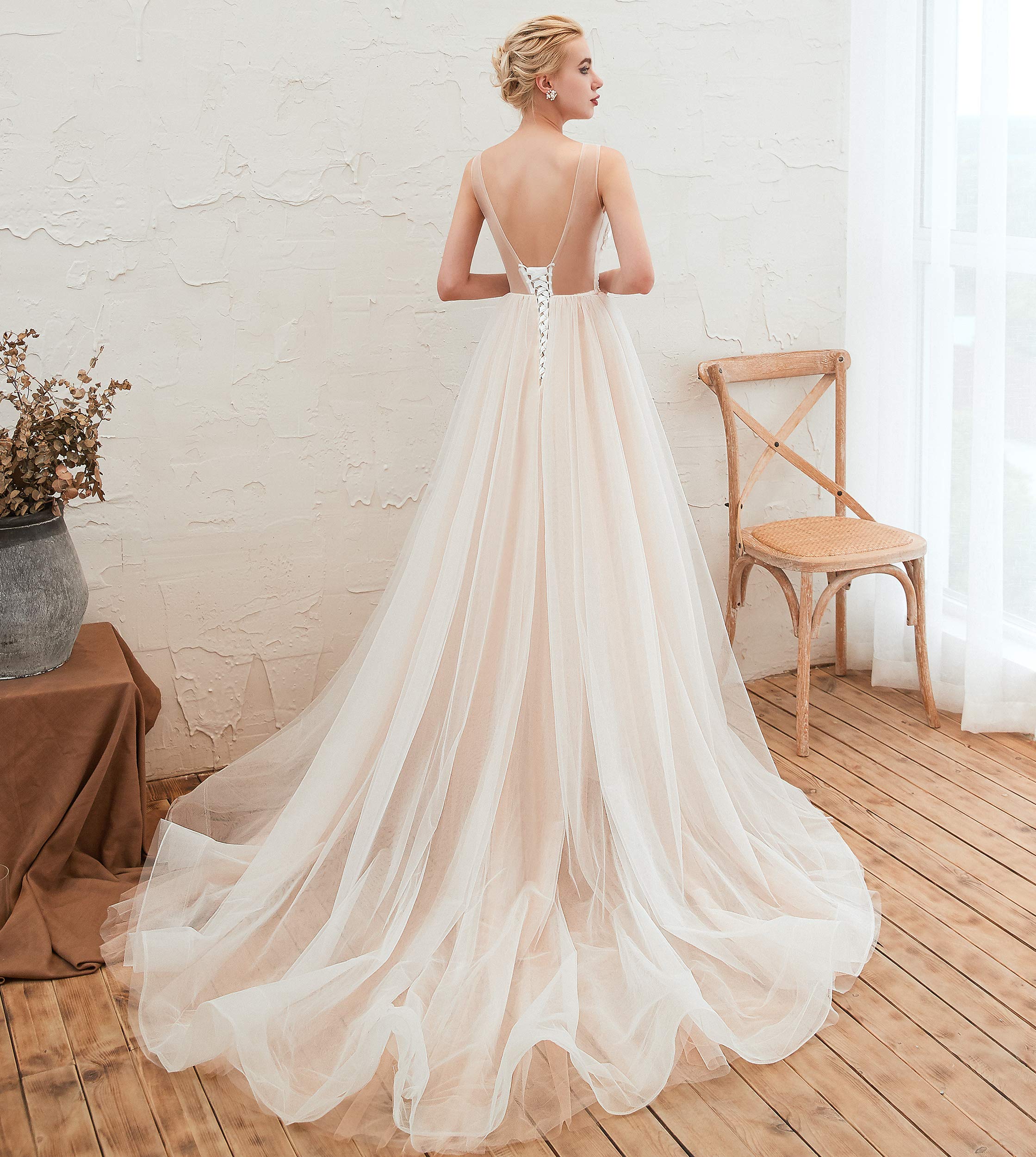 Elegant Women's Scoop Neck Beaded Applique Lace-up Beach Wedding Dress | Perfect for Beach Weddings, Destination Elopements & Boho Bridal Photoshoots
