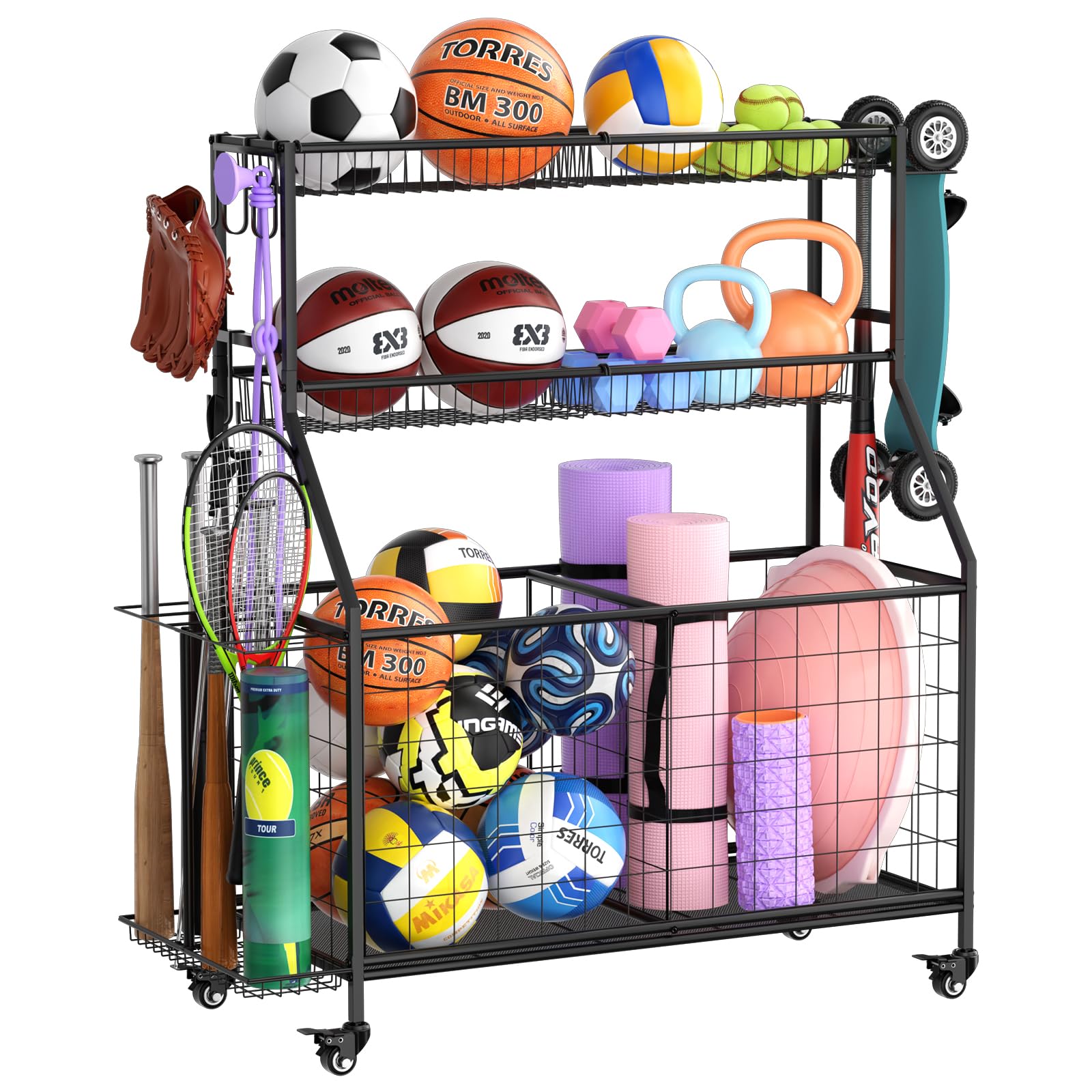 WUC Sports Equipment Organizer - Heavy Duty Garage Ball Storage Rack with Basket, Hooks & Rolling Wheels for Basketball, Soccer, Baseball Gear - Perfect for Home, Gym & Playroom Organization (Black)