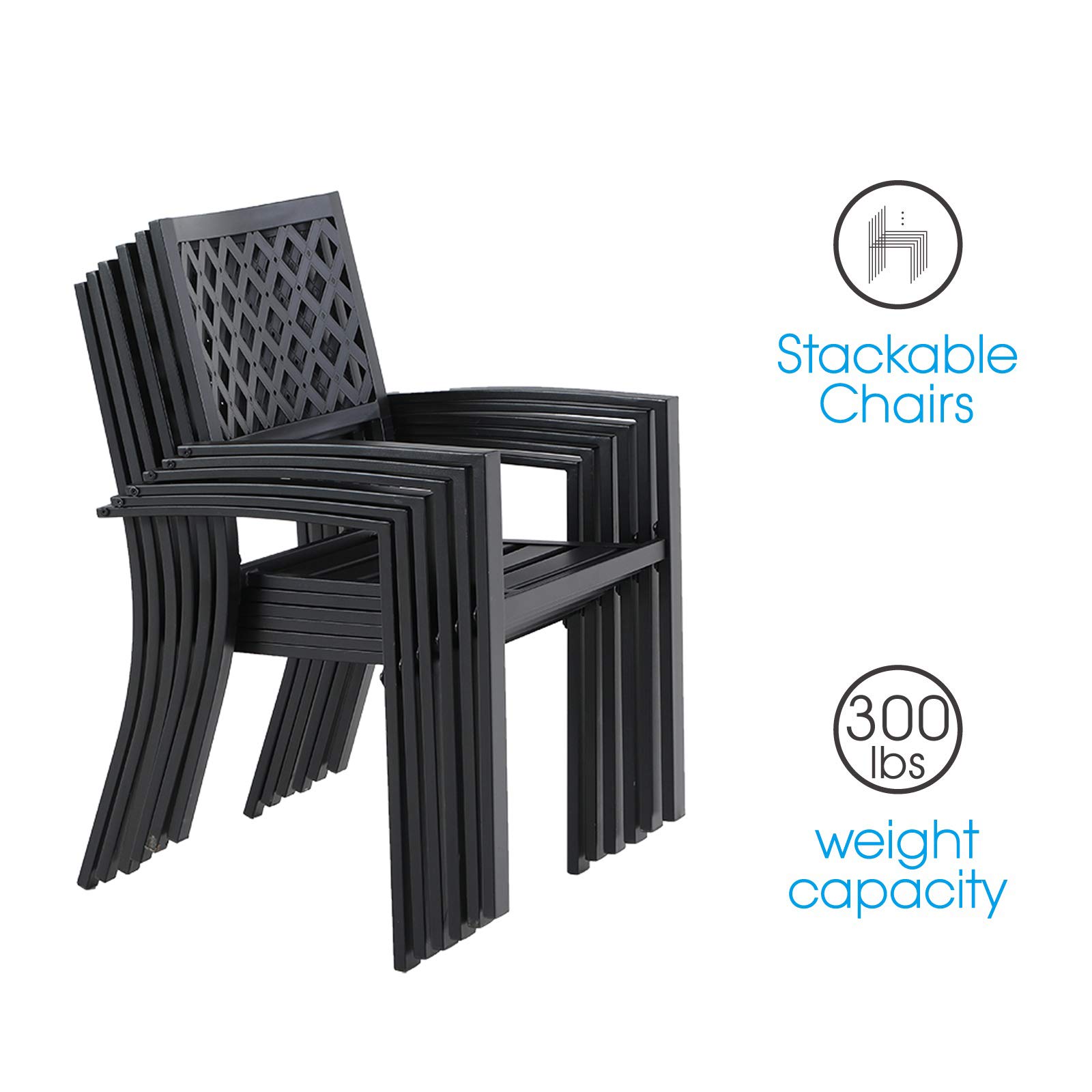 Sophia & William 5-Piece Outdoor Dining Set - Metal Patio Table with Gas Fire Pit & 4 Stackable Chairs (Black) - Perfect for Backyard BBQs, Garden Parties & Cozy Evenings