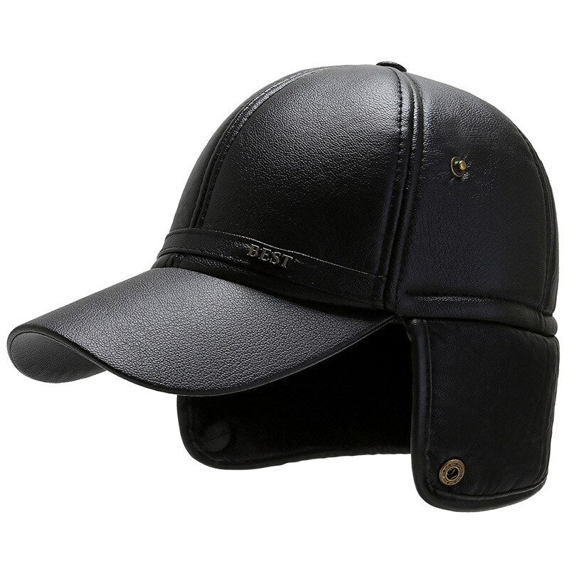 Men's Black PU Leather Baseball Cap with Earflaps - Winter Warm Snapback Hat for Outdoor Sports, Hiking, and Casual Wear