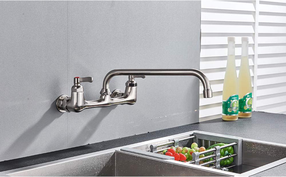 Brushed Nickel Wall Mounted Long Spout Kitchen Sink Faucet - Dual Handle Hot & Cold Water Mixer Tap with 360° Rotation - Perfect for Bathroom, Laundry Room & RV Use
