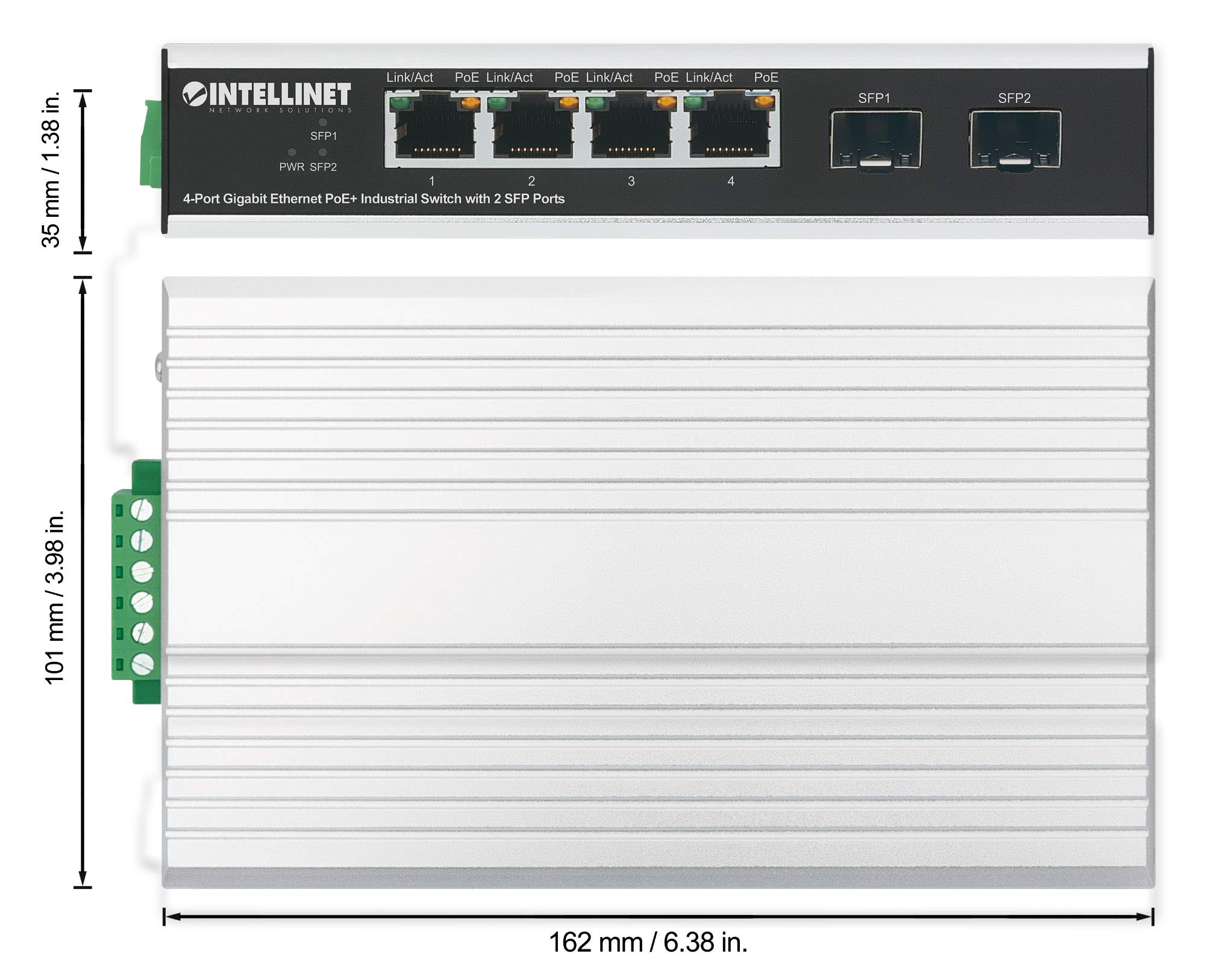 Intellinet 4-Port Gigabit PoE+ Industrial Ethernet Switch with 2 SFP Ports (508254) - Reliable Network Solution for Factories, Warehouses & Outdoor Installations