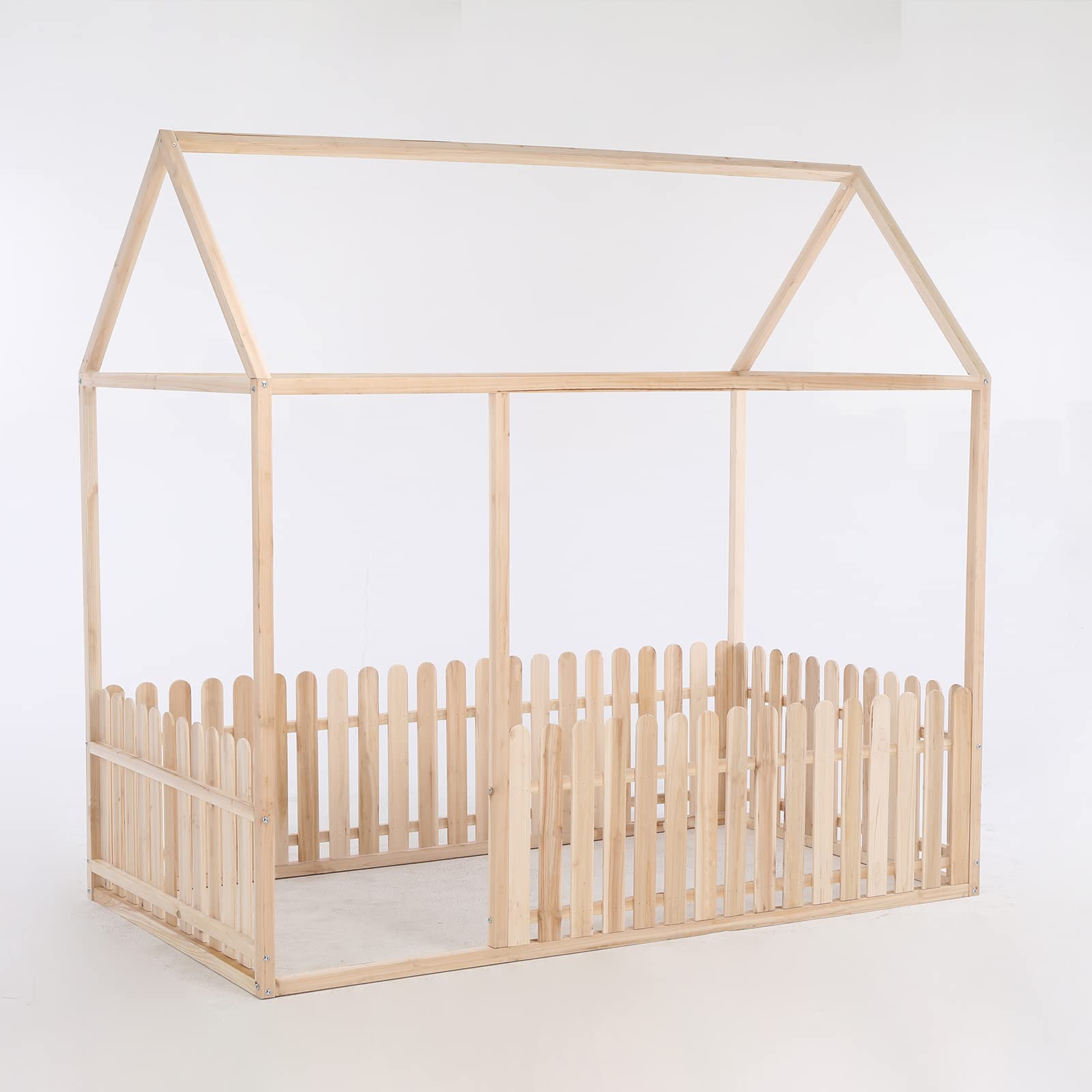 Givenusmyf Full Size Single Floor Bed Frame with Roof & Fence - Solid Wood Montessori Bed for Kids, Toddlers, Teens, Boys & Girls - Perfect for Small Bedrooms, Playrooms & Montessori Learning Spaces