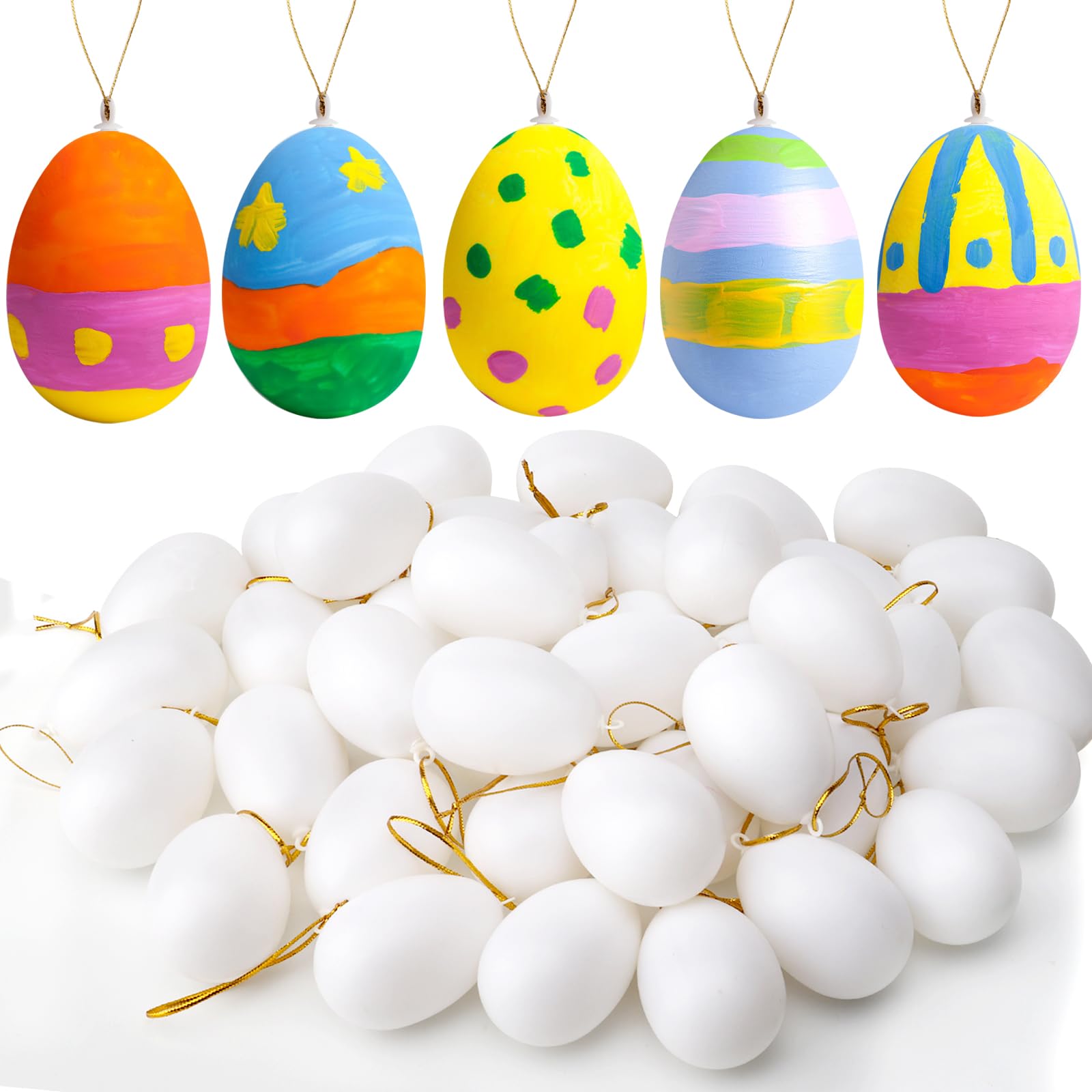 30 Pcs DIY Easter Eggs with 8 Pens - White Plastic Easter Eggs with Rope for Kids Crafts, Easter Party Favors & Classroom Prizes - Perfect for Easter Egg Decorating, Kids Activities & Holiday Gifts