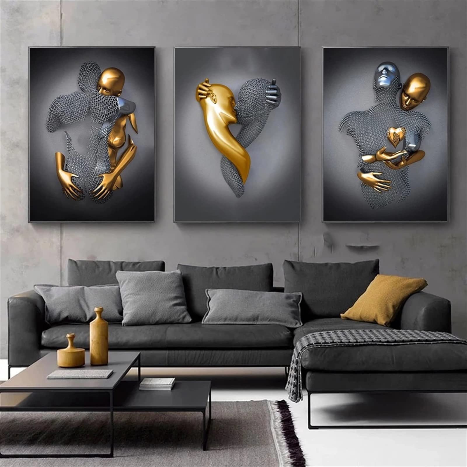 3D Love Heart Wall Art Decor - Gray & Gold Romantic Couple Hug Abstract Painting, Modern Metal Sculpture Effect Print for Bedroom, Living Room, Bathroom | Perfect for Valentine's Gifts, Anniversary Decor & Home Styling