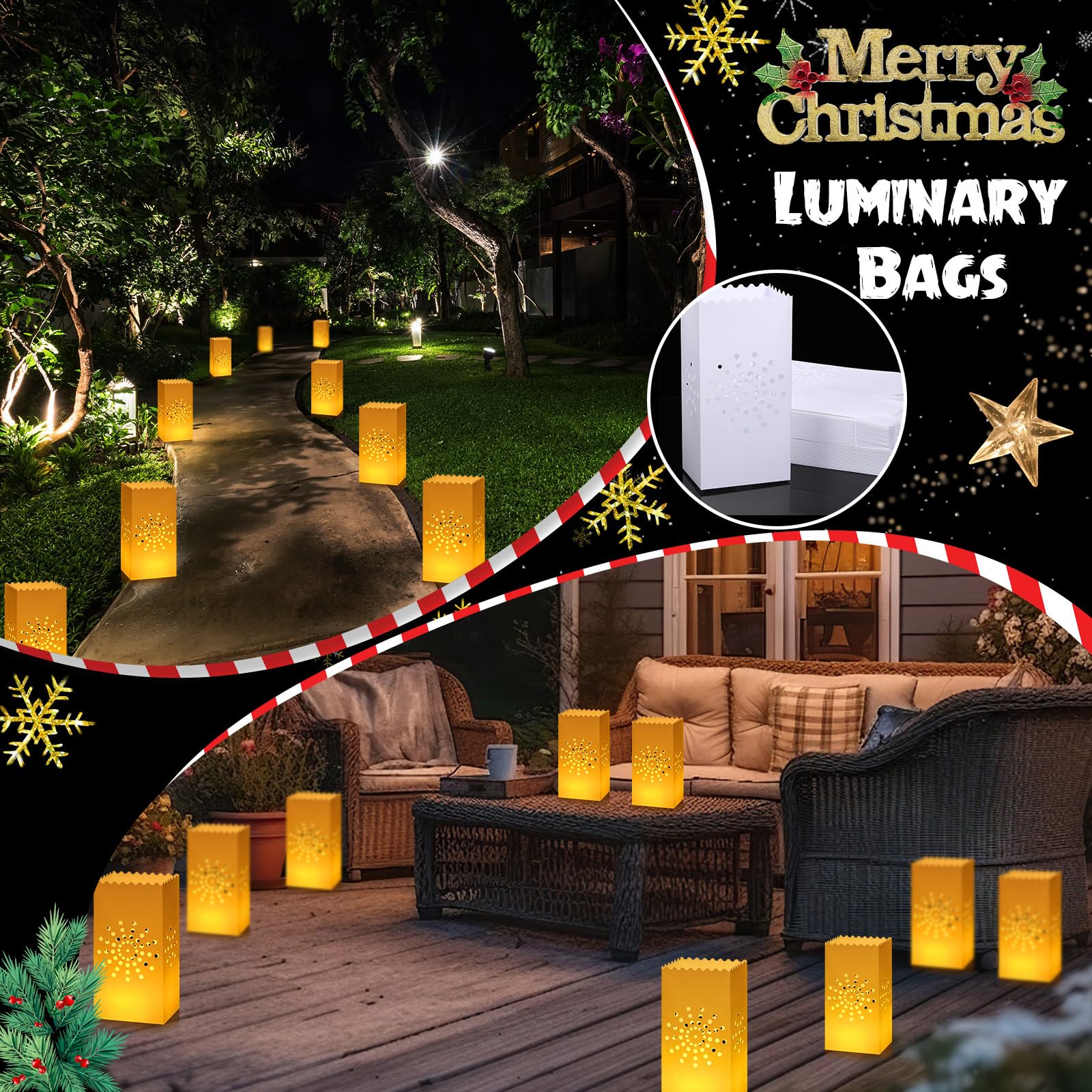 50 Pcs Waterproof White Plastic Luminary Bags - Reusable Candle Lantern Bags for Christmas, Birthday, Wedding & Thanksgiving Party Decor (Sunburst Design) - Perfect for Indoor/Outdoor Holiday Lighting & Special Event Ambiance