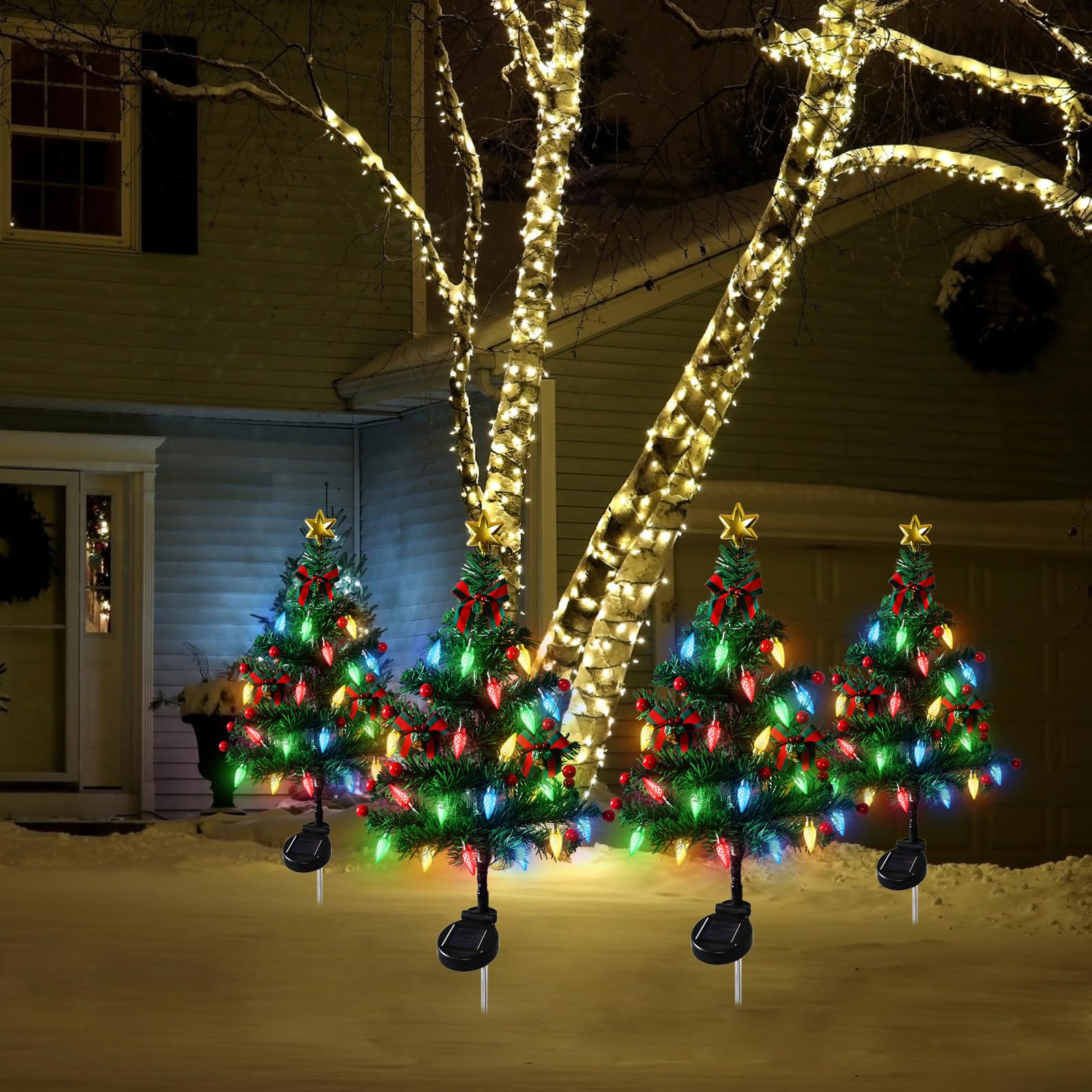 TOCHGREEN 4 Pack 32-Inch Solar Christmas Tree Lights with 80 LED C6 Bulbs - 8 Lighting Modes, Waterproof Outdoor Stake Lights with Red Ball Ornaments for Garden, Patio, Yard - Perfect for Holiday Pathway Decorations & Festive Outdoor Lighting