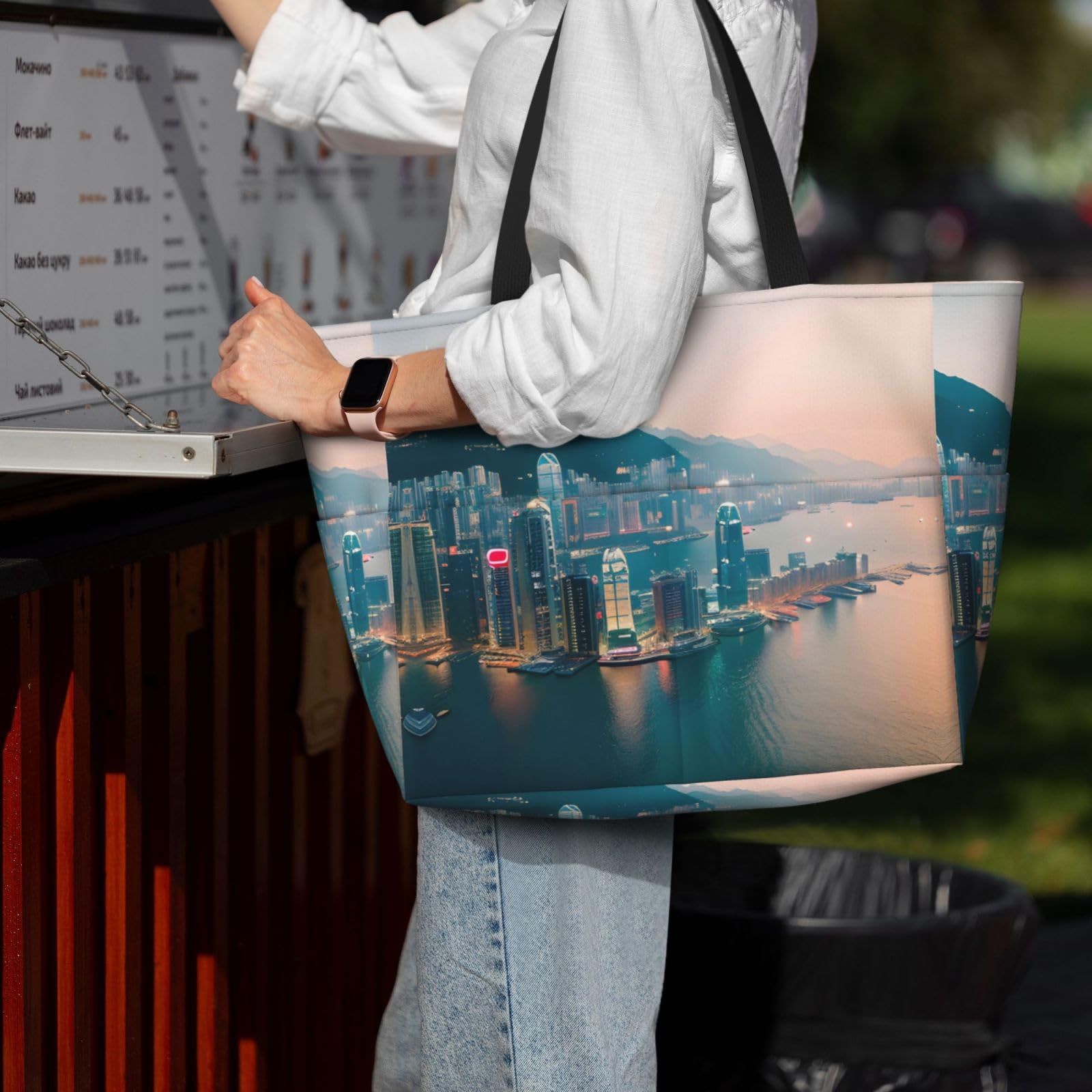 NOUZU Hong Kong Print Beach Tote - Large Fashion Bag for Women | Travel & Beach Essentials