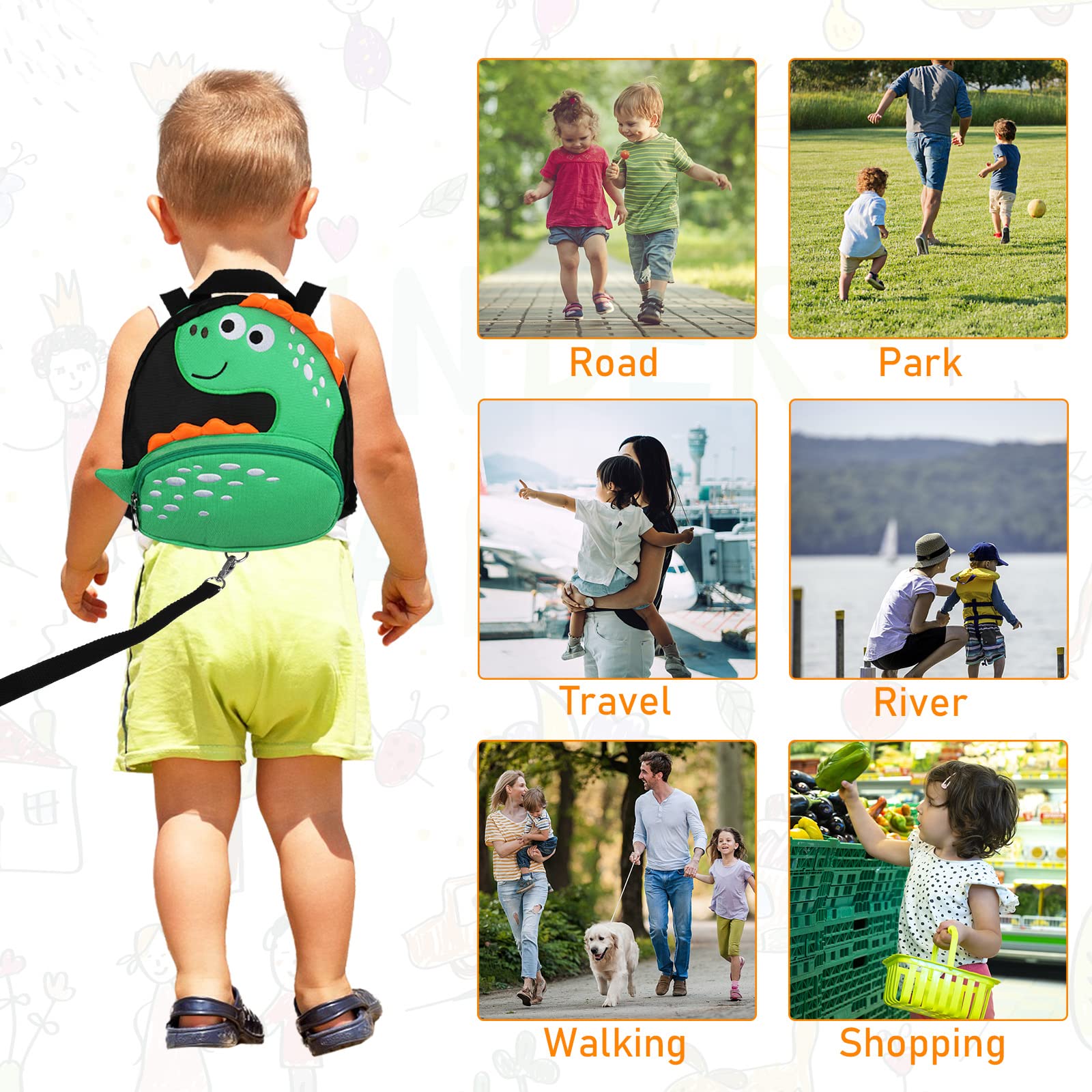 Dinosaur Kids Backpack Leash for Toddlers 1-5 Years - Anti-Lost Wrist Link & Adjustable Harness for Boys & Girls - Perfect for Travel, Shopping & Outdoor Adventures (Black Dinosaur Design)