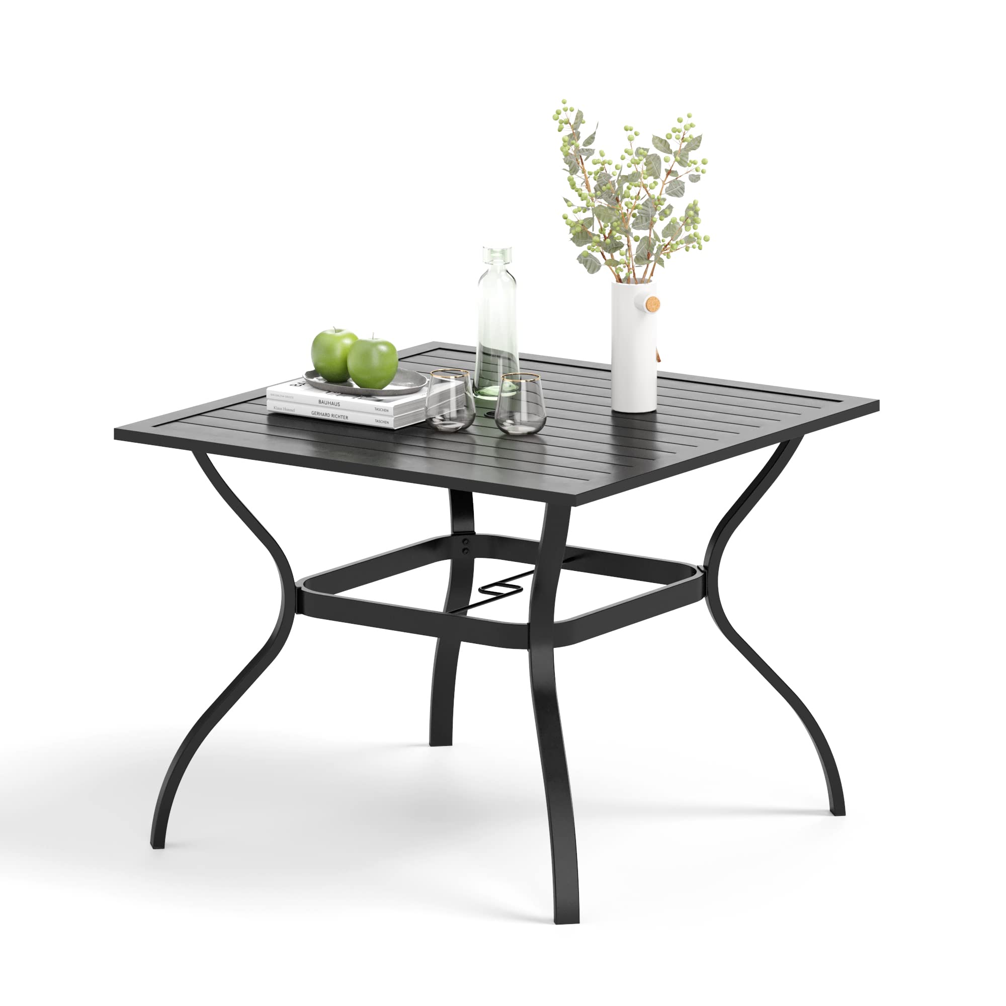 4-Person Outdoor Patio Dining Table - Square Metal Garden Table with Umbrella Hole for Backyard, Porch & Balcony | Perfect for BBQ Parties, Family Gatherings & Outdoor Entertaining