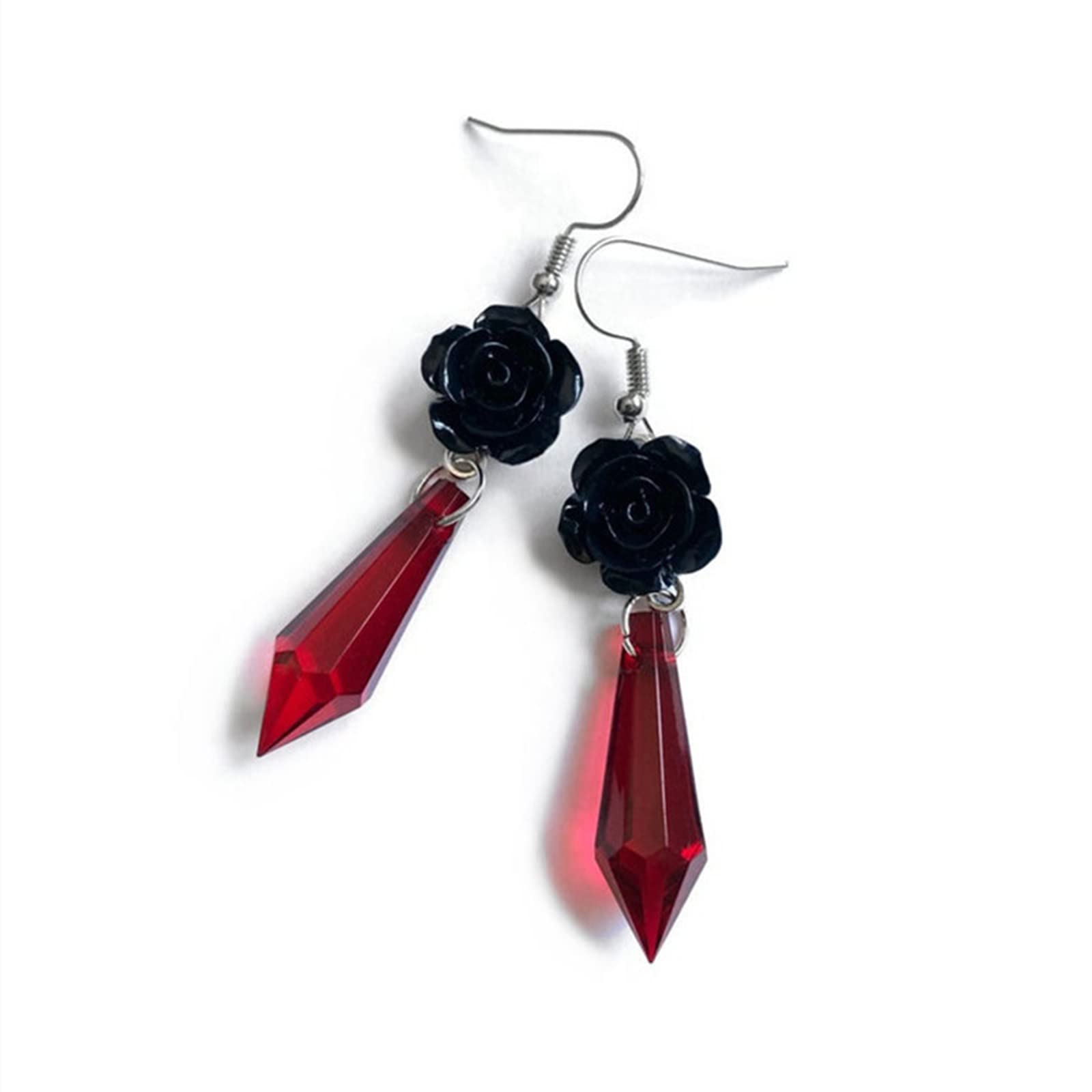 Gothic Dark Rose Flower Dangle Drop Earrings - Red Black Crystal Arrow Pentagram Punk Rock Jewelry for Women | Halloween Costume Accessories, Gothic Party, Dark Fashion Statement