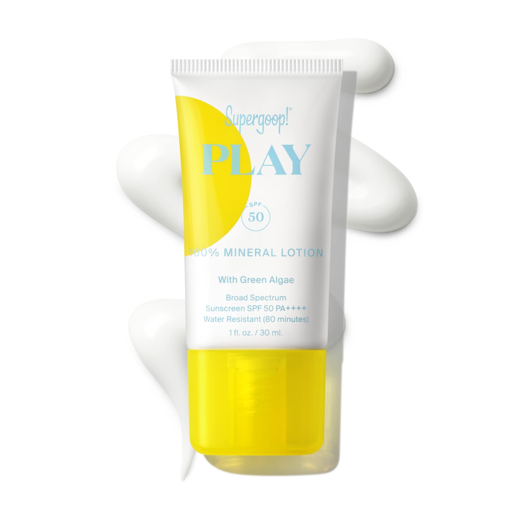 Supergoop! PLAY 100% Mineral Lotion SPF 50 - 1 fl oz Broad Spectrum Sunscreen for Face & Body - Lightweight, Fast Absorbing, Water-Resistant with Green Algae - Perfect for Beach, Swimming & Outdoor Activities