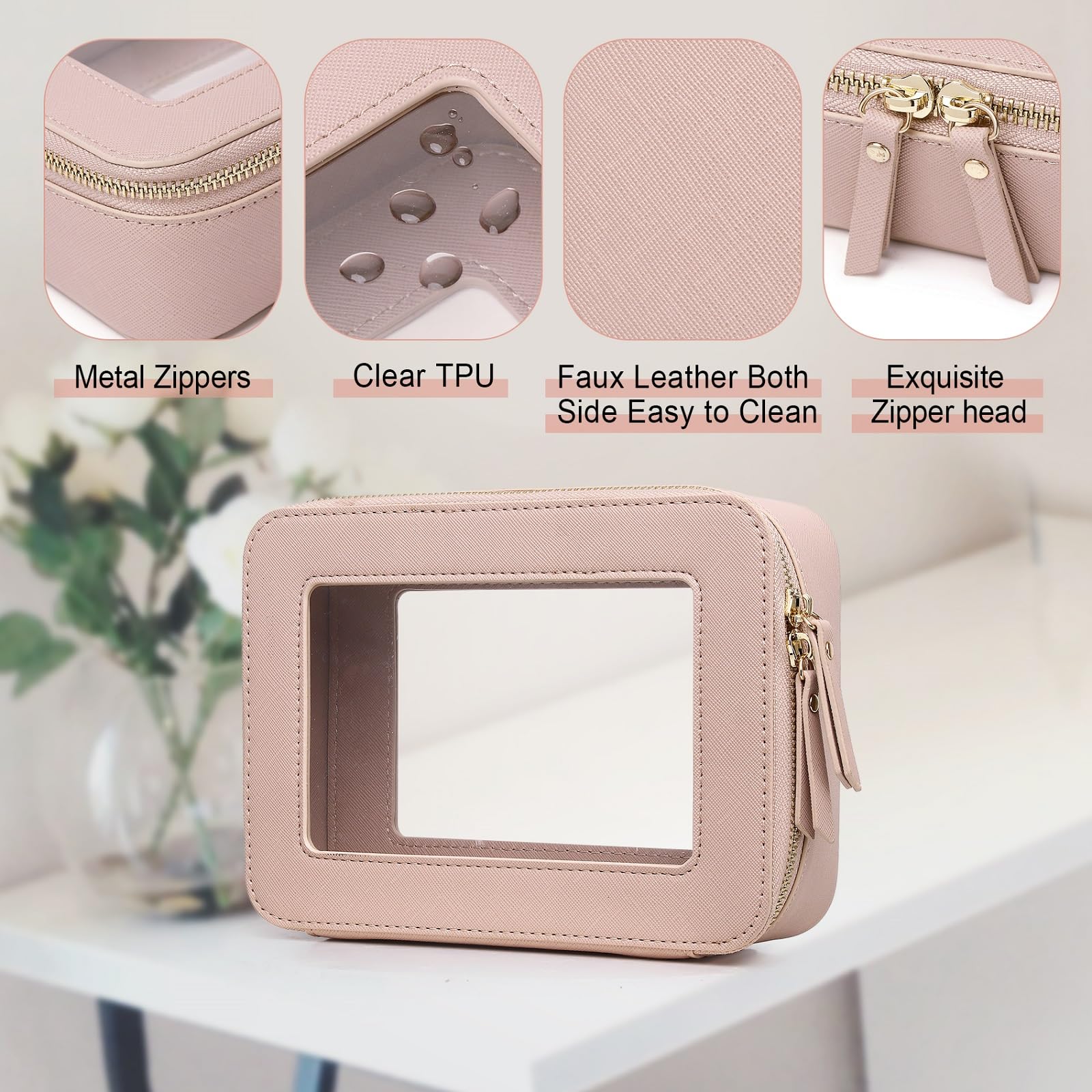 Clear Makeup Bag for Women Waterproof Travel Cosmetics Toiletries Case Portable Makeup Organizer with Zipper Pink Medium Size for Gym Beach Vacation