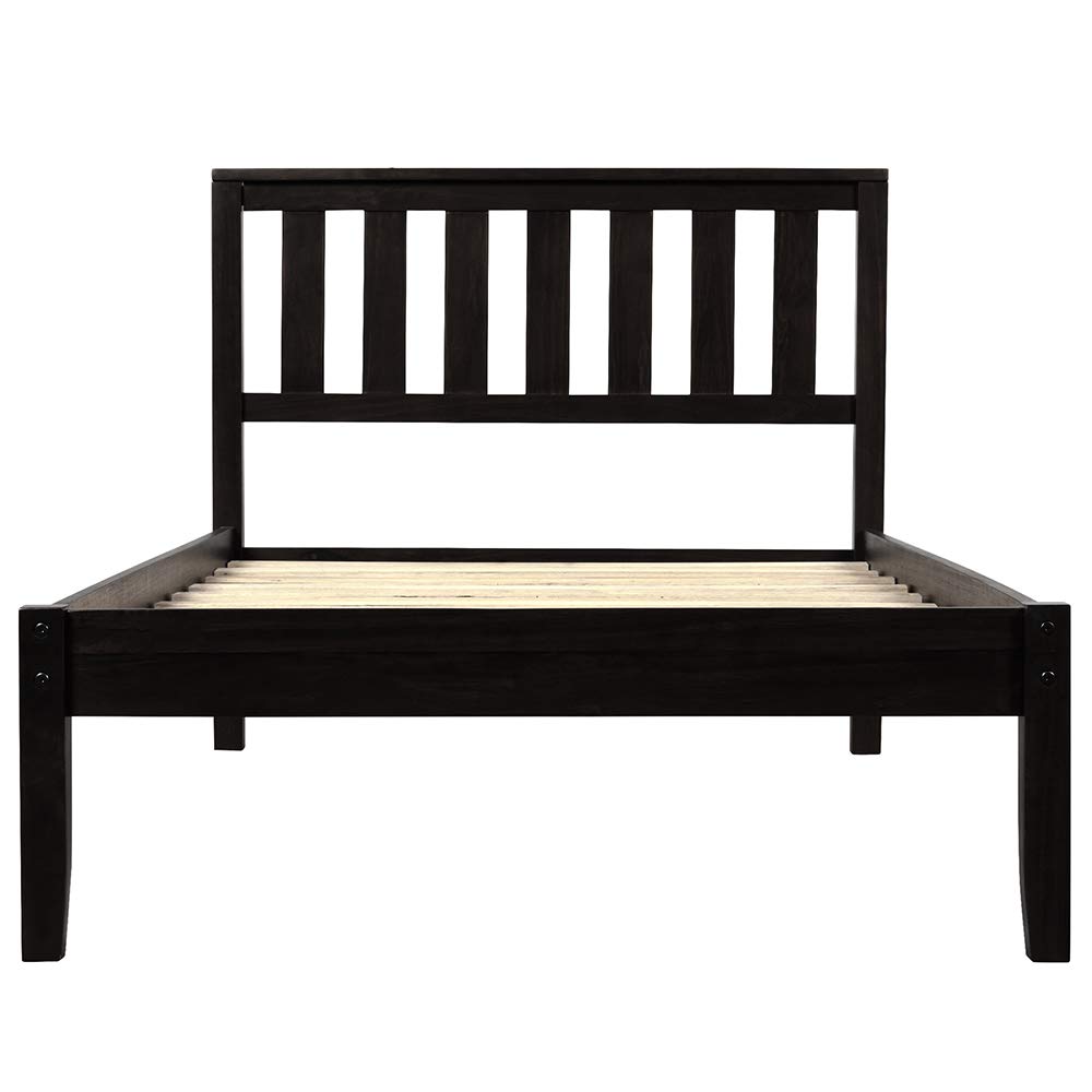 Solid Wood Platform Bed with Headboard & Slat Support - Twin Size Espresso Finish - Perfect for Kids Rooms, Guest Bedrooms & Small Spaces