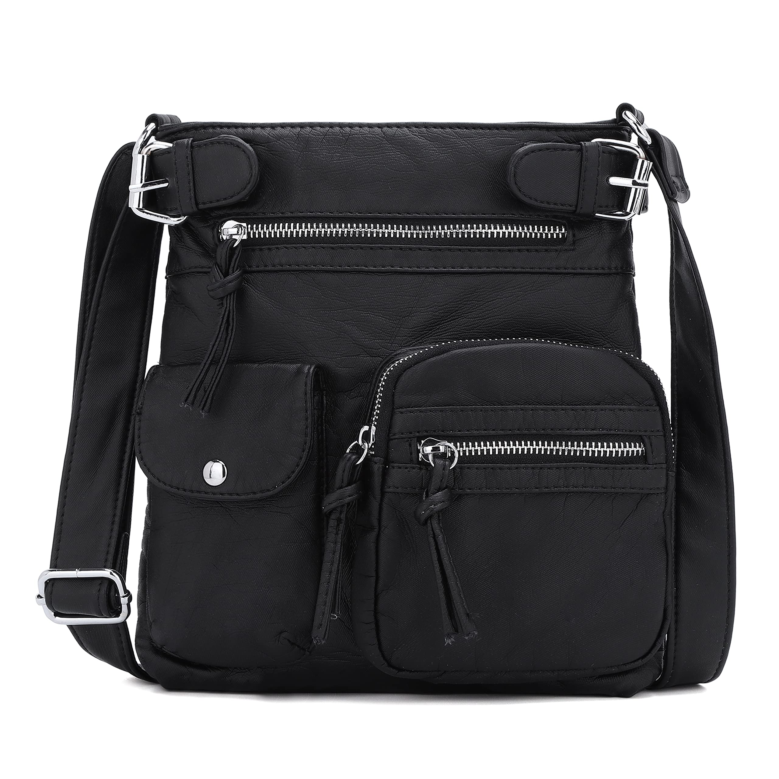 Angel Kiss Women's Crossbody Bag - Genuine Washed Leather Shoulder Purse with Multiple Pockets | Soft Hobo & Medium Handbag for Everyday Use, Travel & Shopping