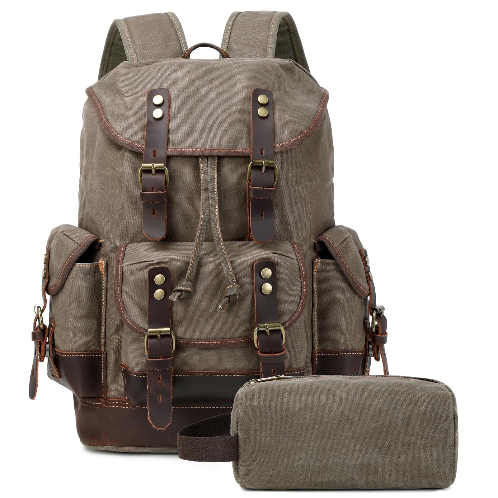 Vintage Leather Canvas Backpack for Men & Women - Waxed Canvas Shoulder Rucksack with Toiletry Bag - Durable Laptop Travel Backpack for Business, Hiking & Daily Commute (Army Green)