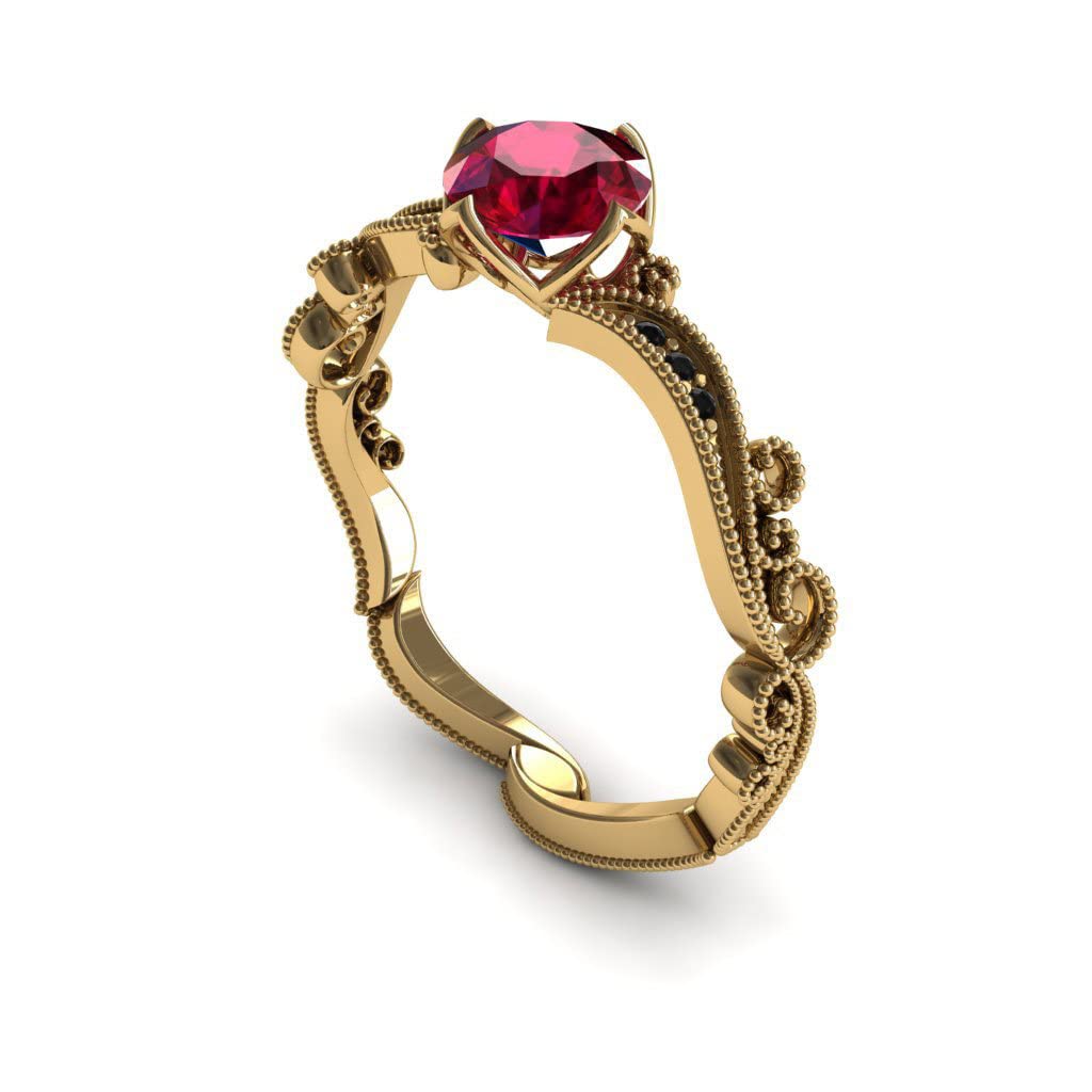 14K Yellow Gold Victorian Edwardian Engagement Ring with Ruby & Black Diamond - Elegant Vintage Wedding Ring for Women - Perfect for Proposals, Anniversaries, and Special Occasions