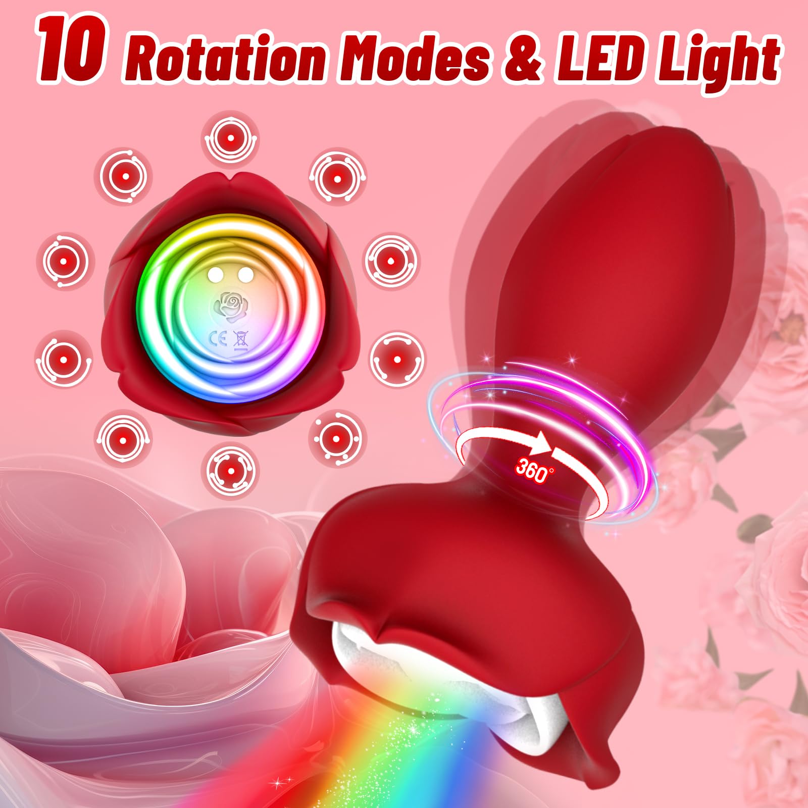 Rose Anal Plug with 10 Vibrating Modes & 360° Rotation - Adult Sex Toy for Couples, Women's Anal Vibrator with Colorful LED Lights - Perfect for Solo Play & Couples Intimacy