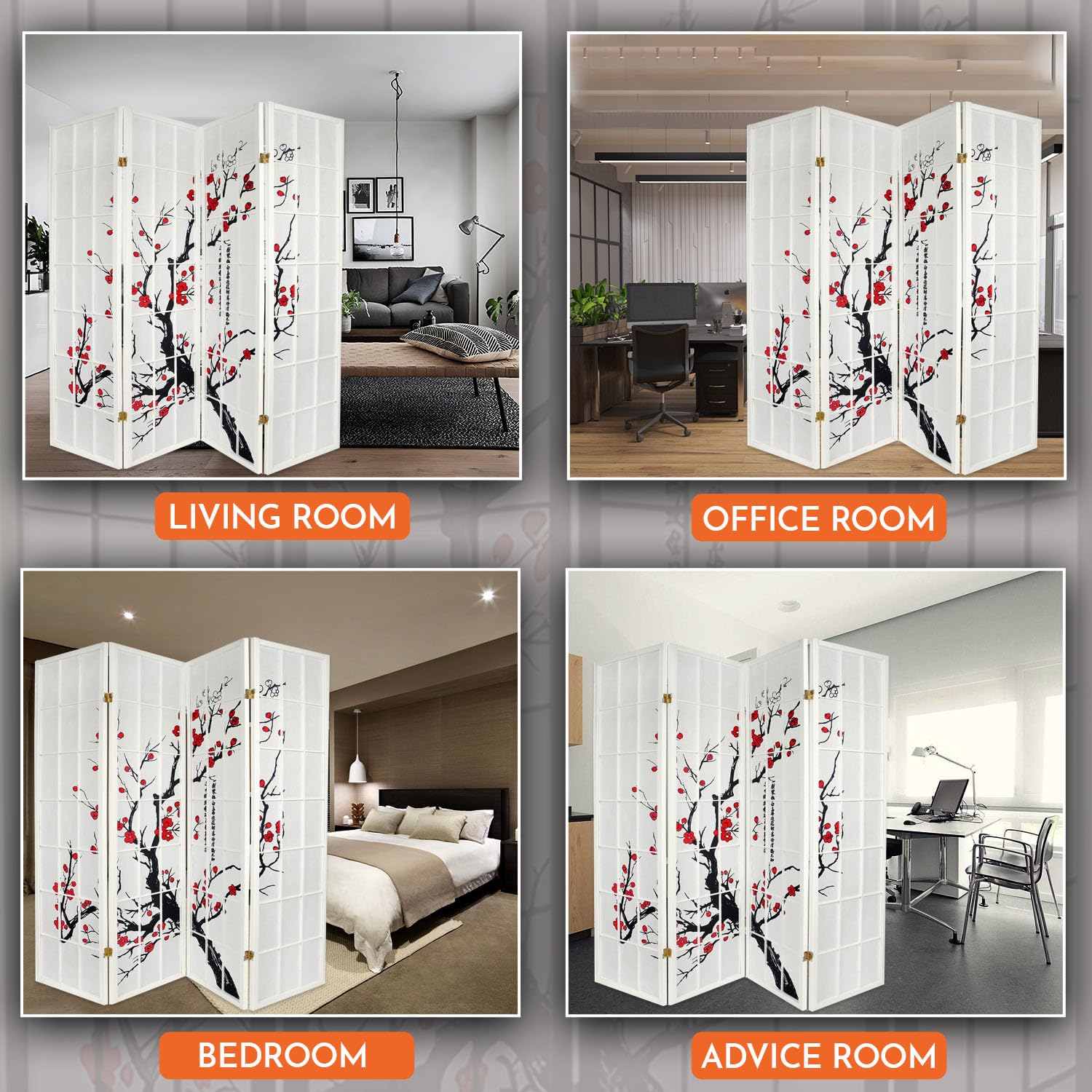 Legacy Decor 4-Panel Blossom Screen - Portable Foldable Shoji Style Room Divider with Plum Blossom Design - Freestanding Privacy Screen for Home Office & Studio - White Temporary Wall Partition - Perfect for Creating Private Spaces, Room Separation & Decoration